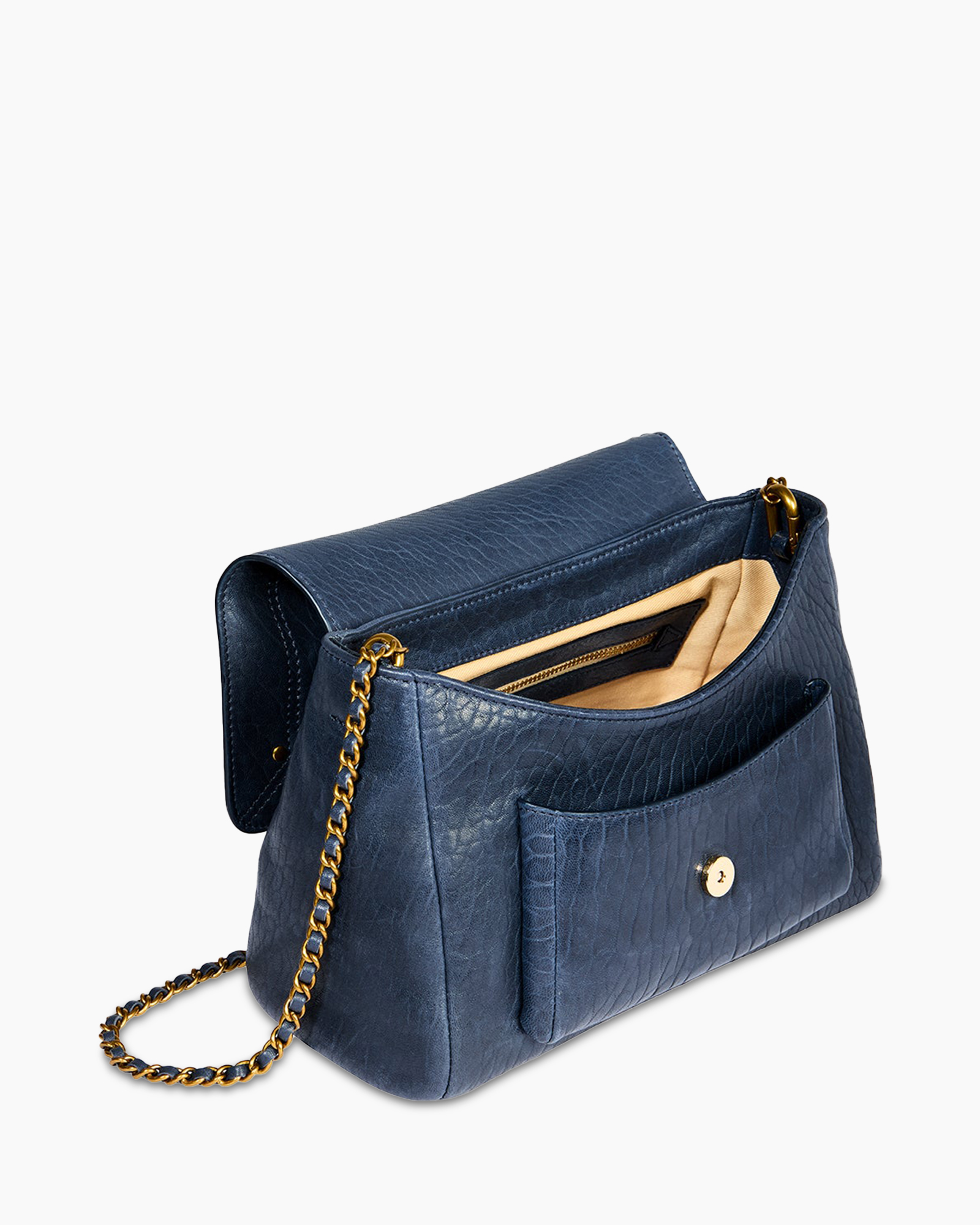bag, purse, blue, chain strap, zip pocket