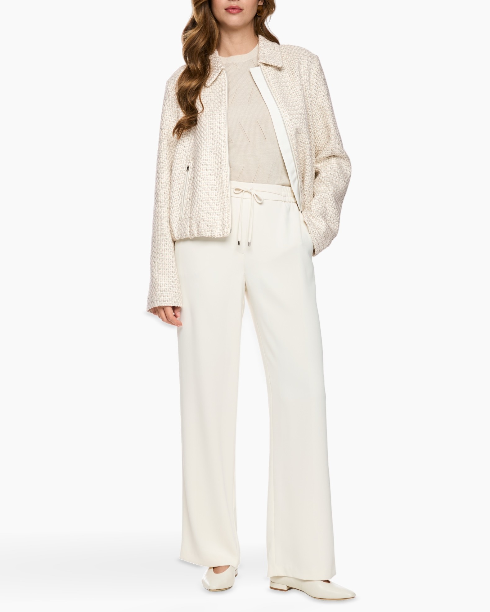 beige jacket, textured jacket, wide-leg pants, cream sweater, neutral outfit