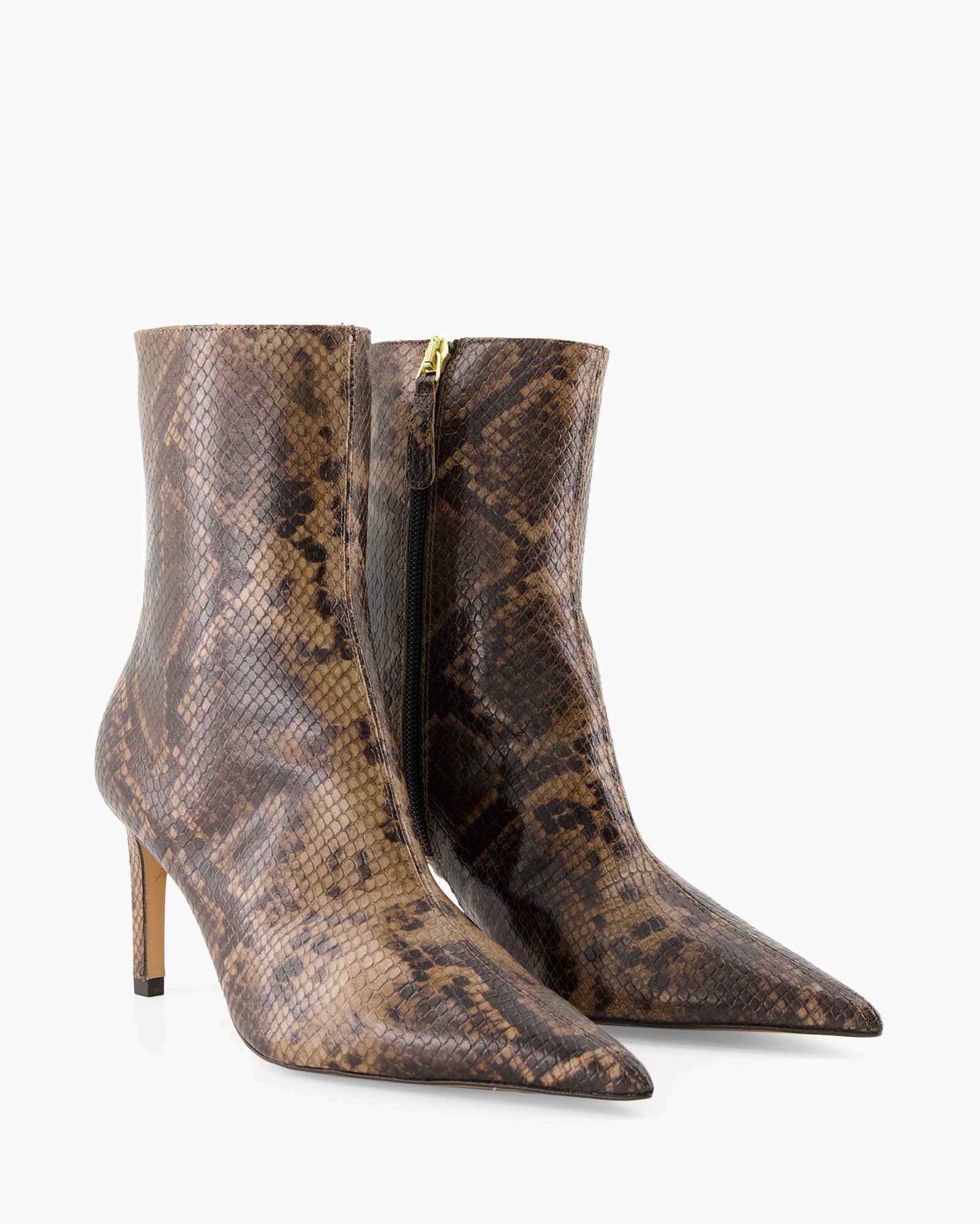 ankle boots, snake skin, textured, zipped, stiletto heel
