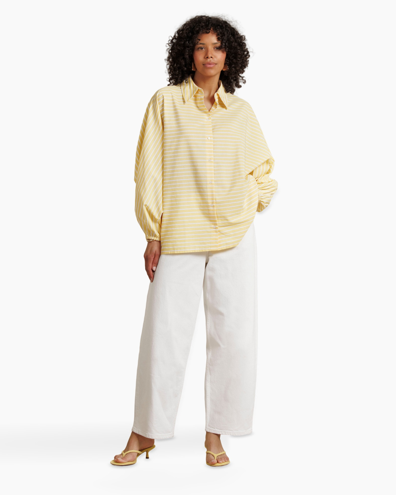 striped shirt, loose fit, yellow, button-down, long sleeves