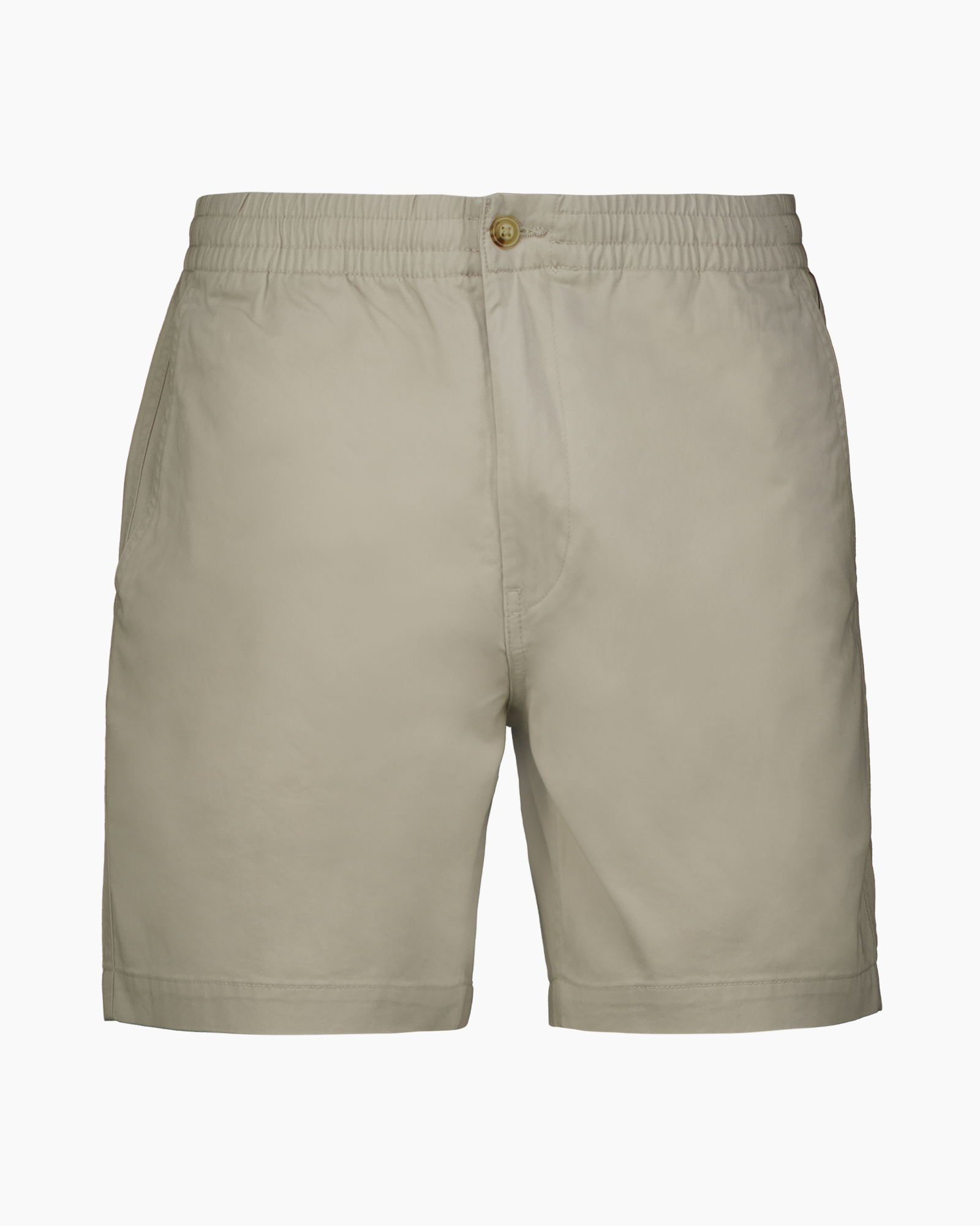 shorts, beige, elastic waistband, button, pocket