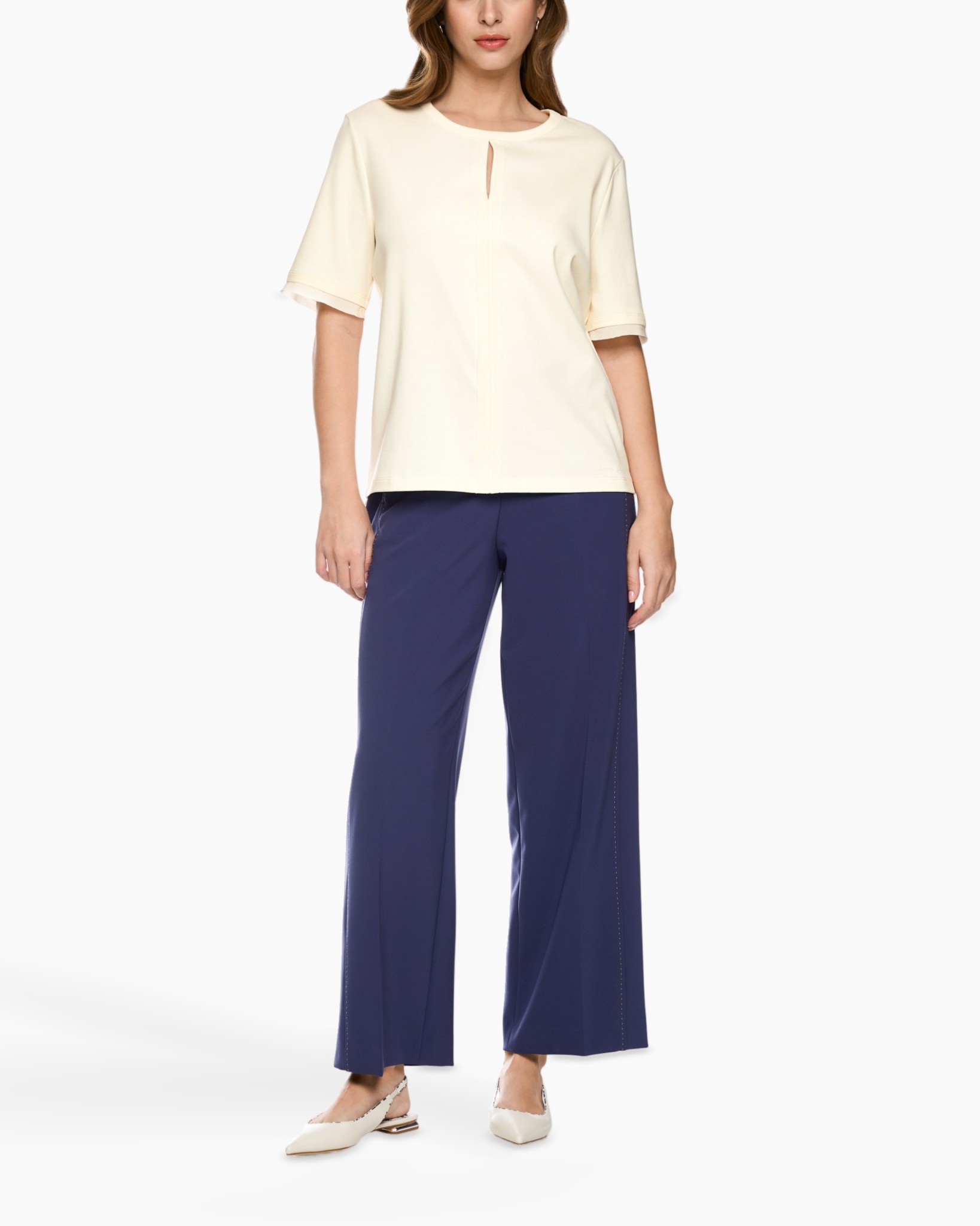 top, blouse, cream, short sleeve, wide-leg pants, navy