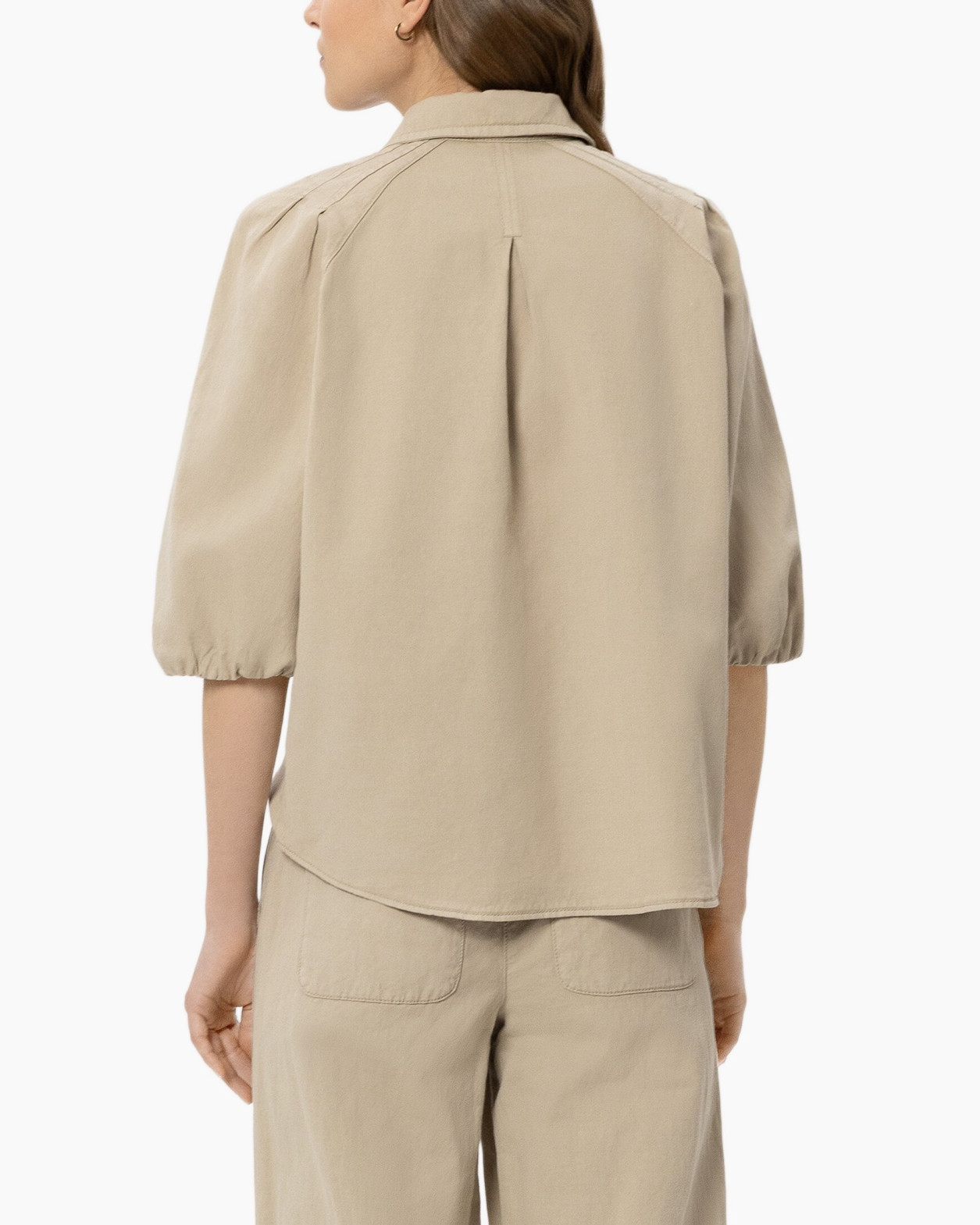 shirt, button-up, beige, puff-sleeve, collared