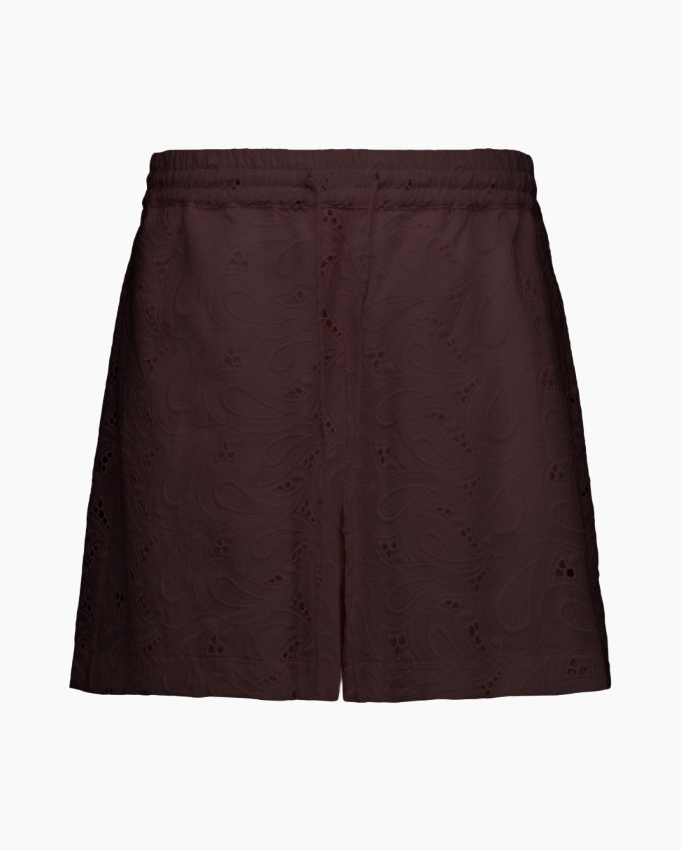 shorts, brown, paisley pattern, elastic waistband, mid-length