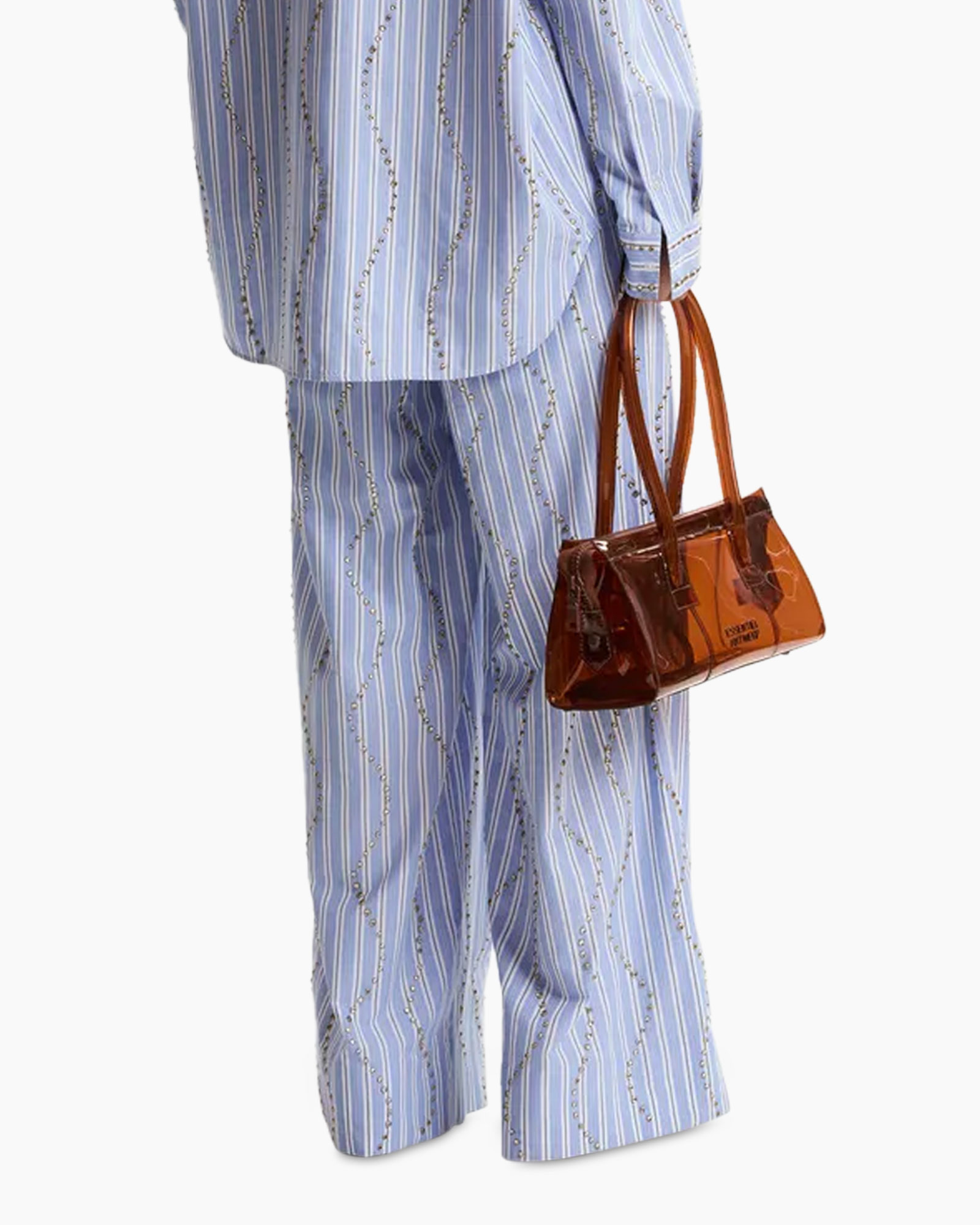striped, wide-leg, pants, jumpsuit, bag
