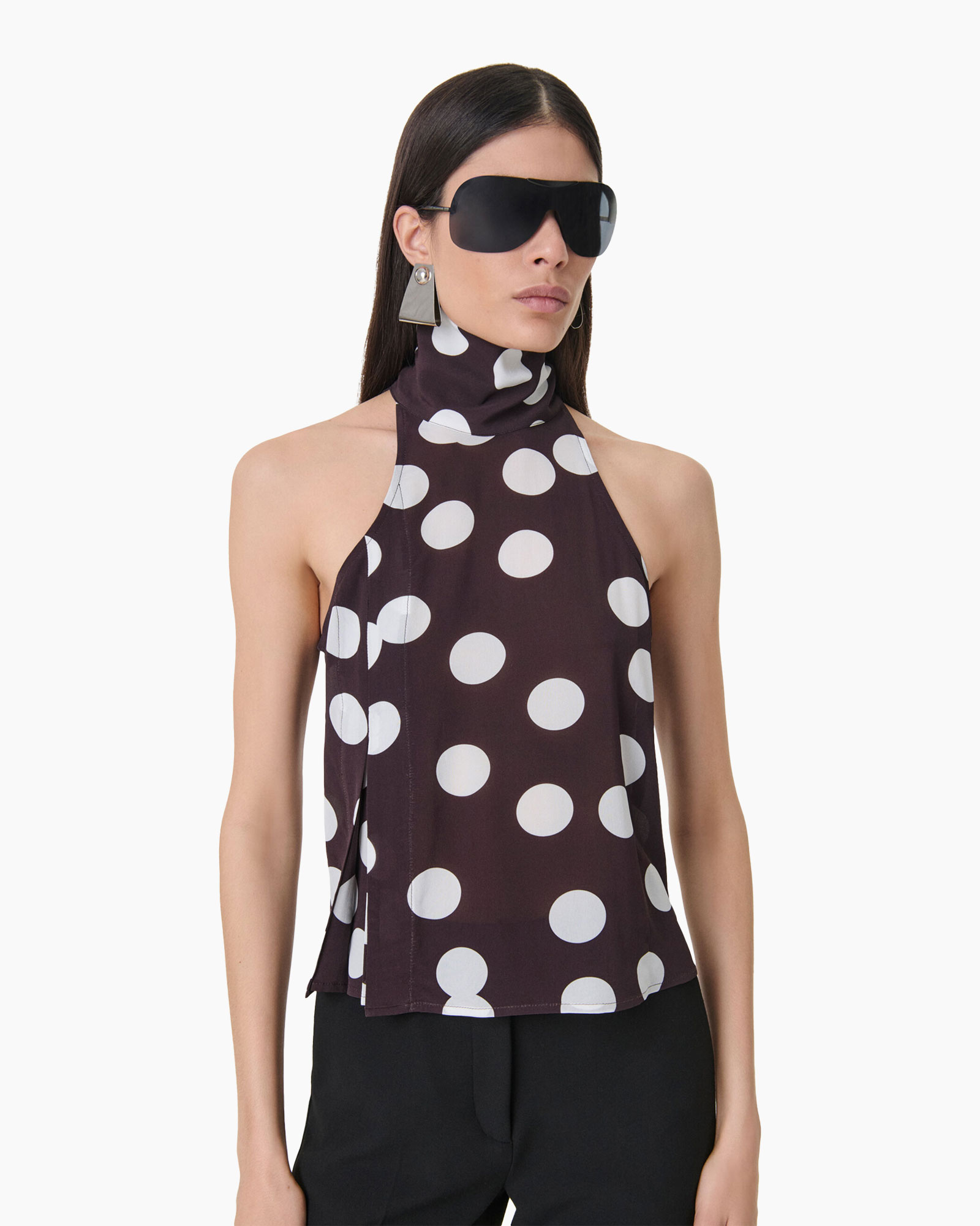 polka dot, sleeveless top, high neck, purple, shadow print