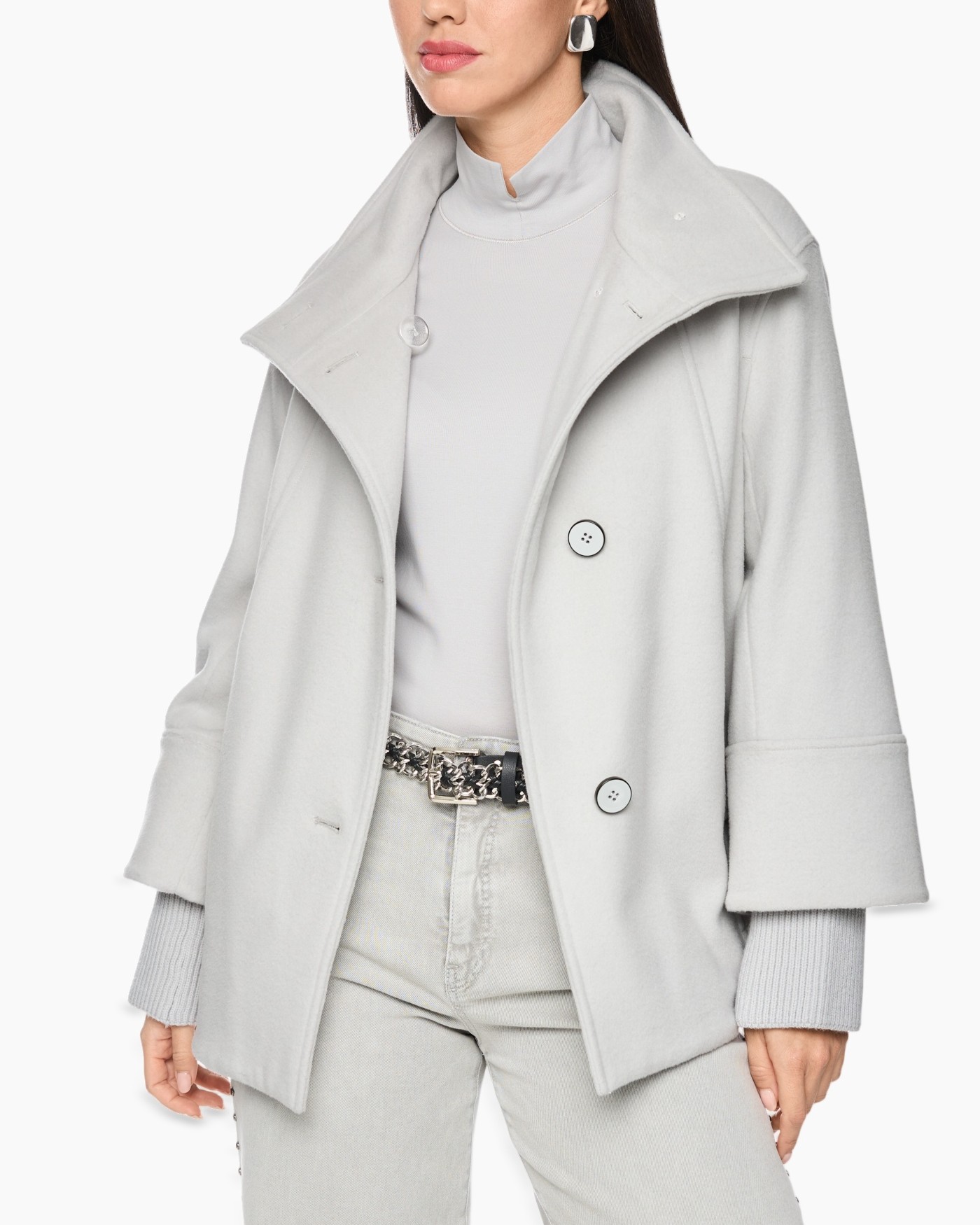 coat, overcoat, light grey, buttoned, belted