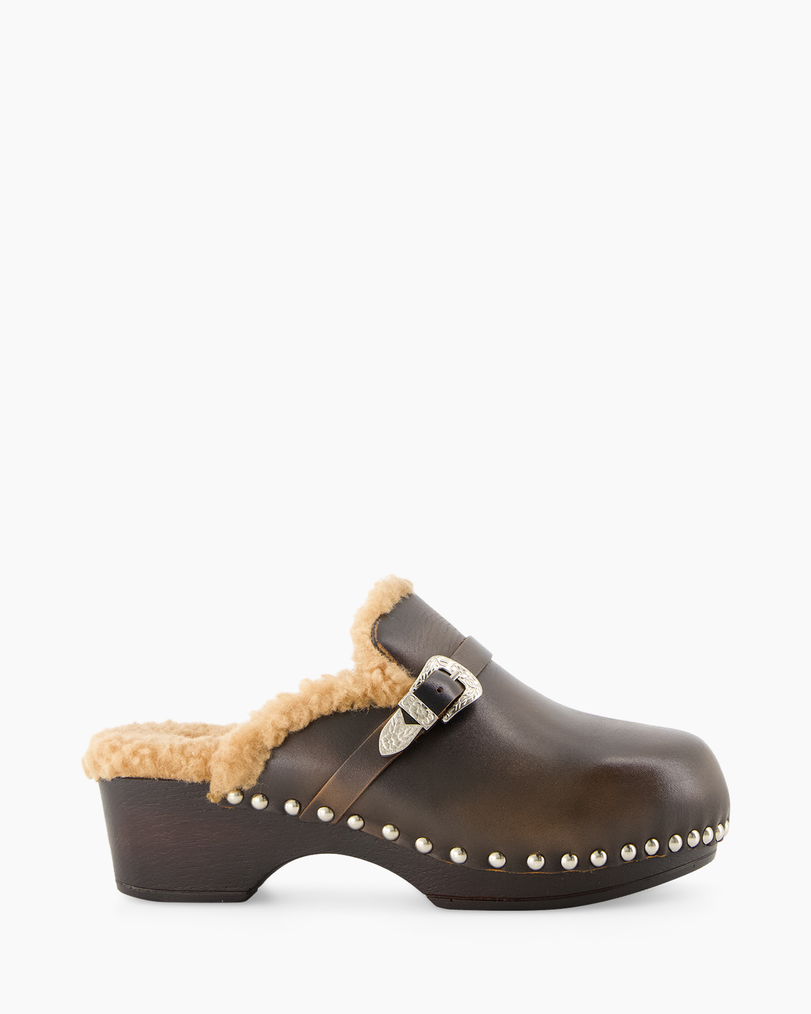 clogs, leather, mule, fur lining, studded