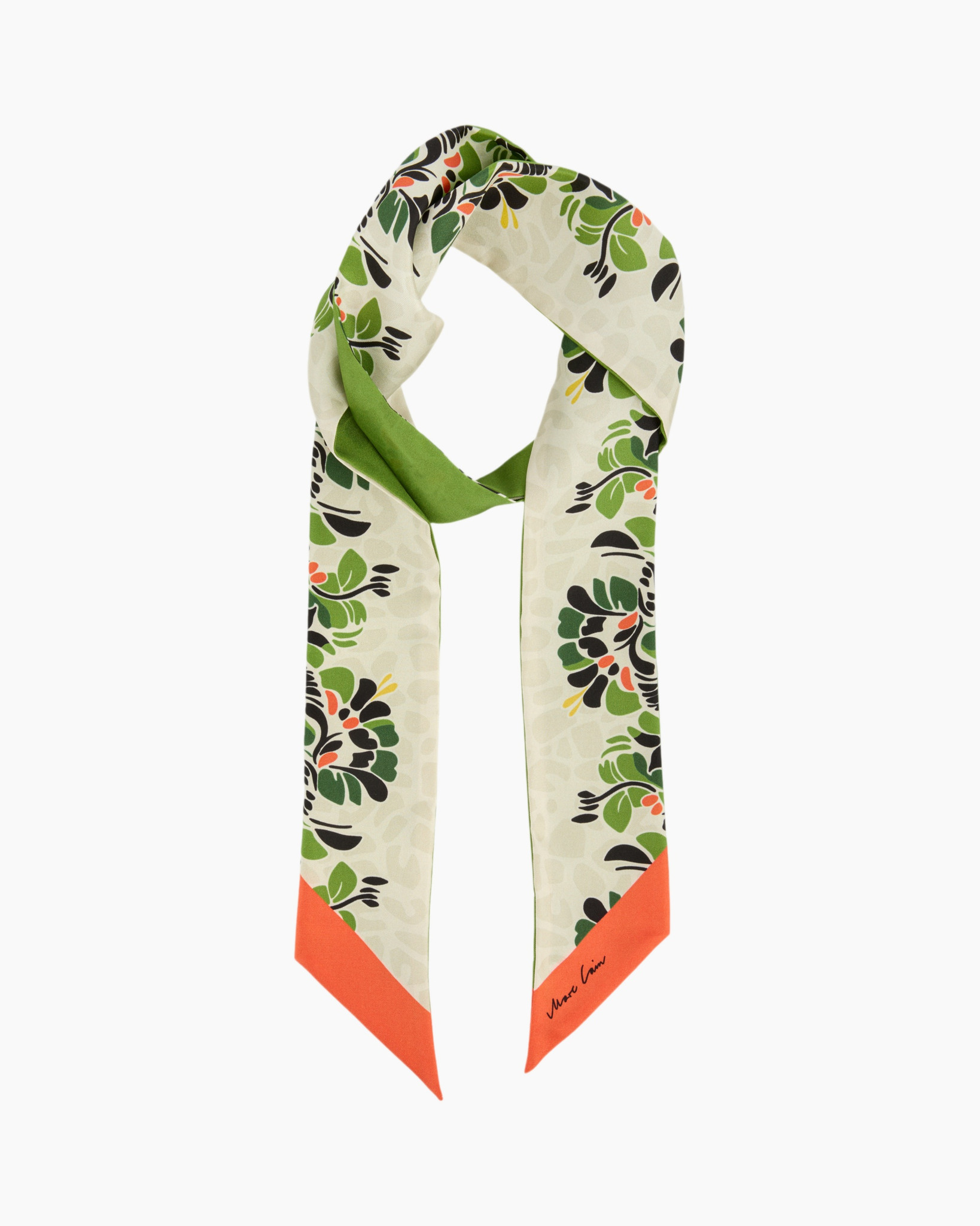 neck scarf, floral pattern, green orange, silk scarf, square scarf