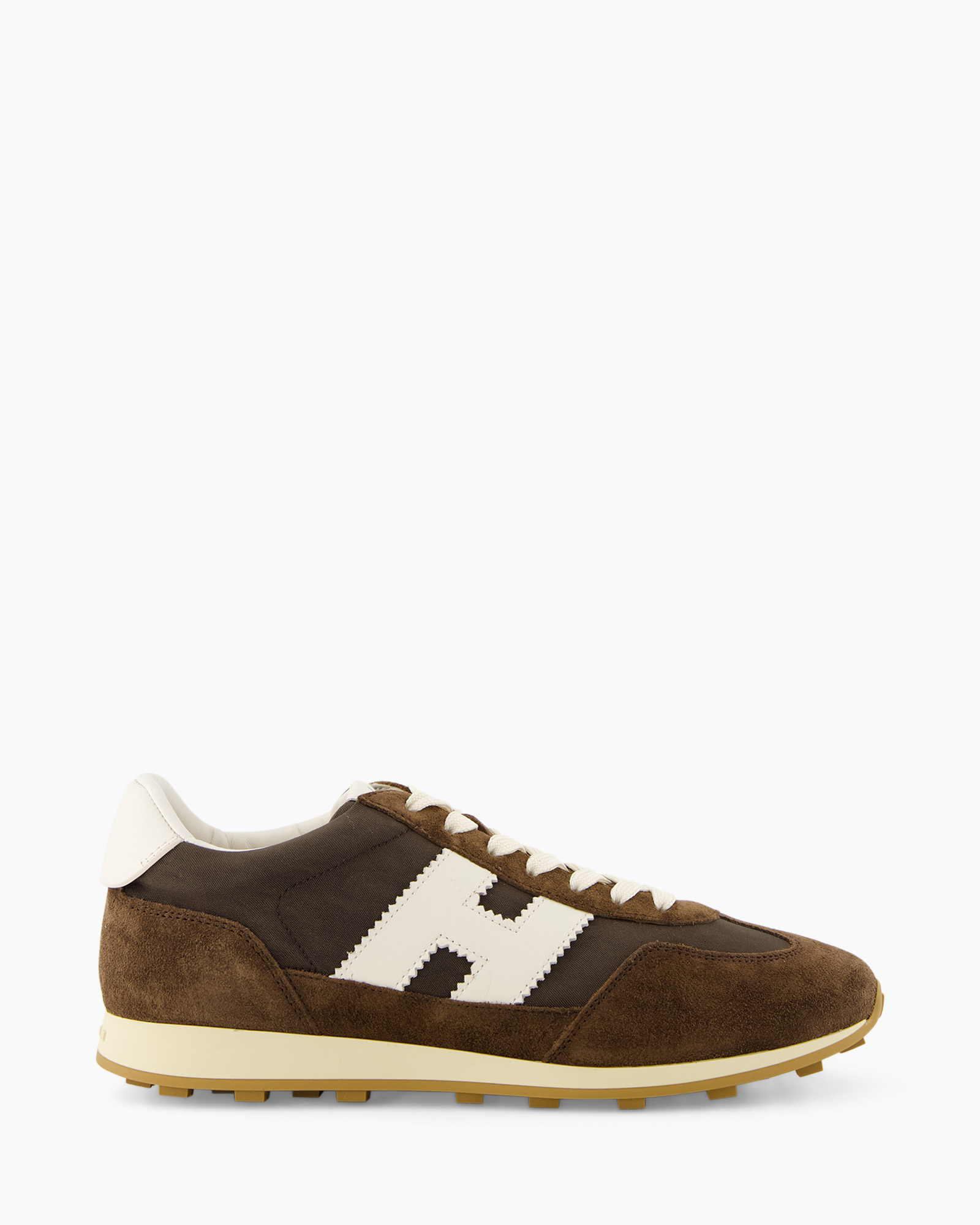 sneaker, brown,  suede, white logo, laced