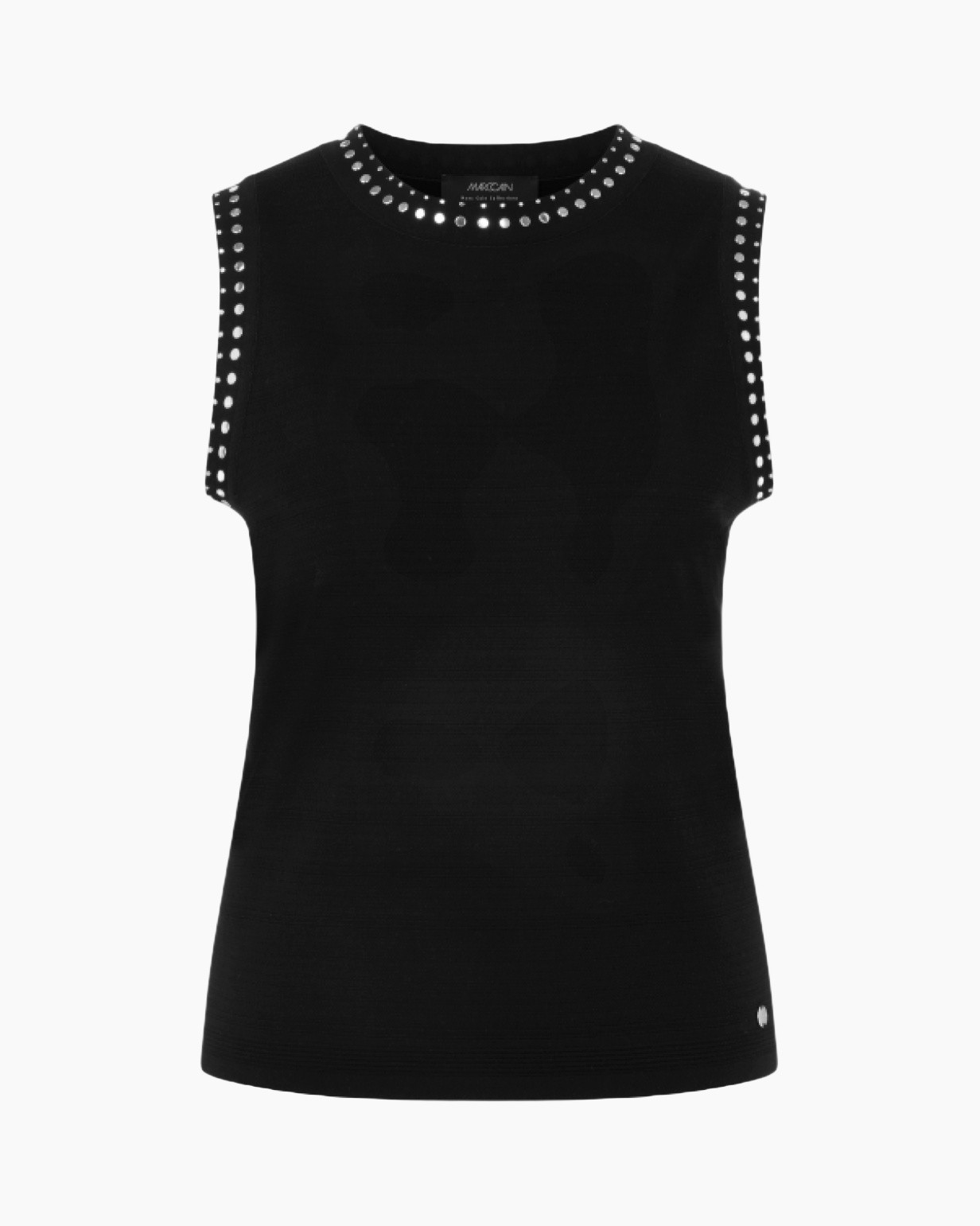 black, sleeveless, top, studded, crew-neck