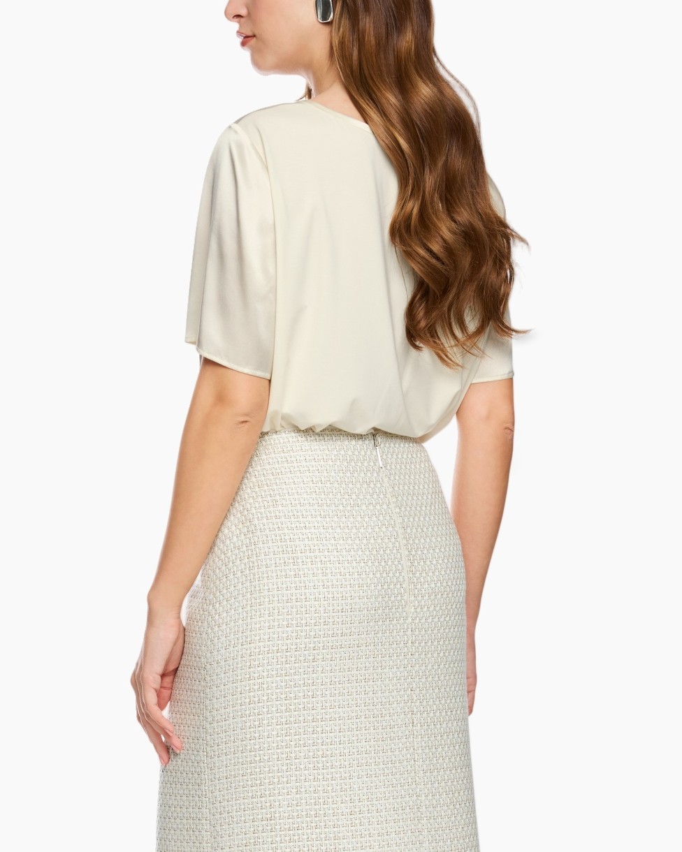 silk blouse, pocket tee, short sleeve, cream color, pencil skirt