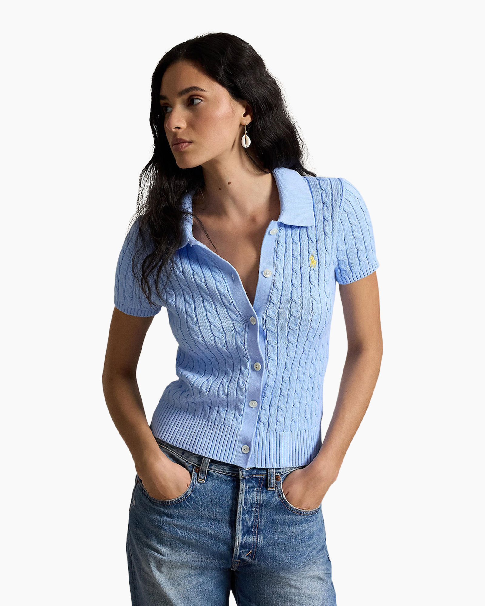 knit cardigan, short sleeves, button-front, polo collar, light blue