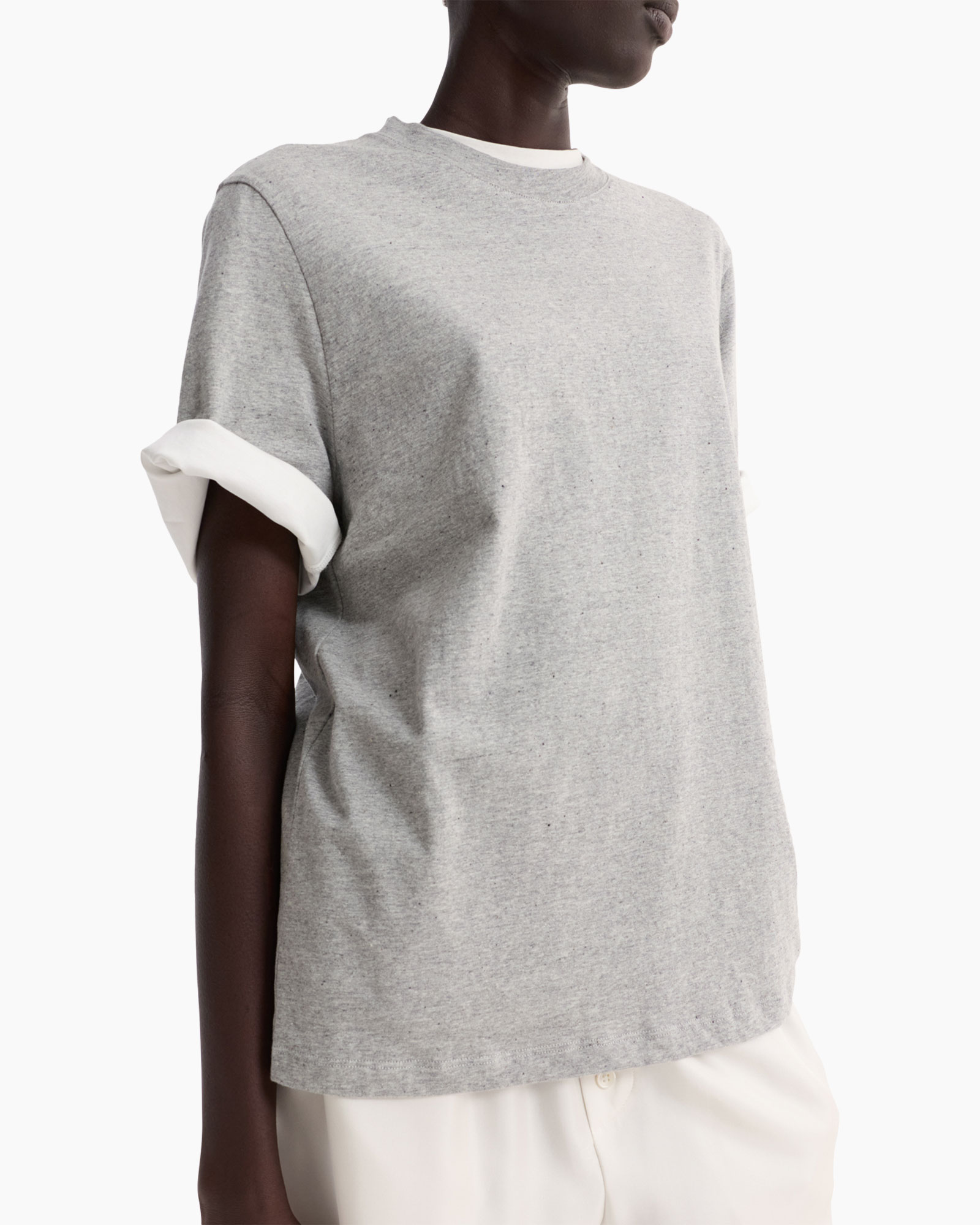 t-shirt, short sleeve, grey heather, rolled cuffs, crew neck