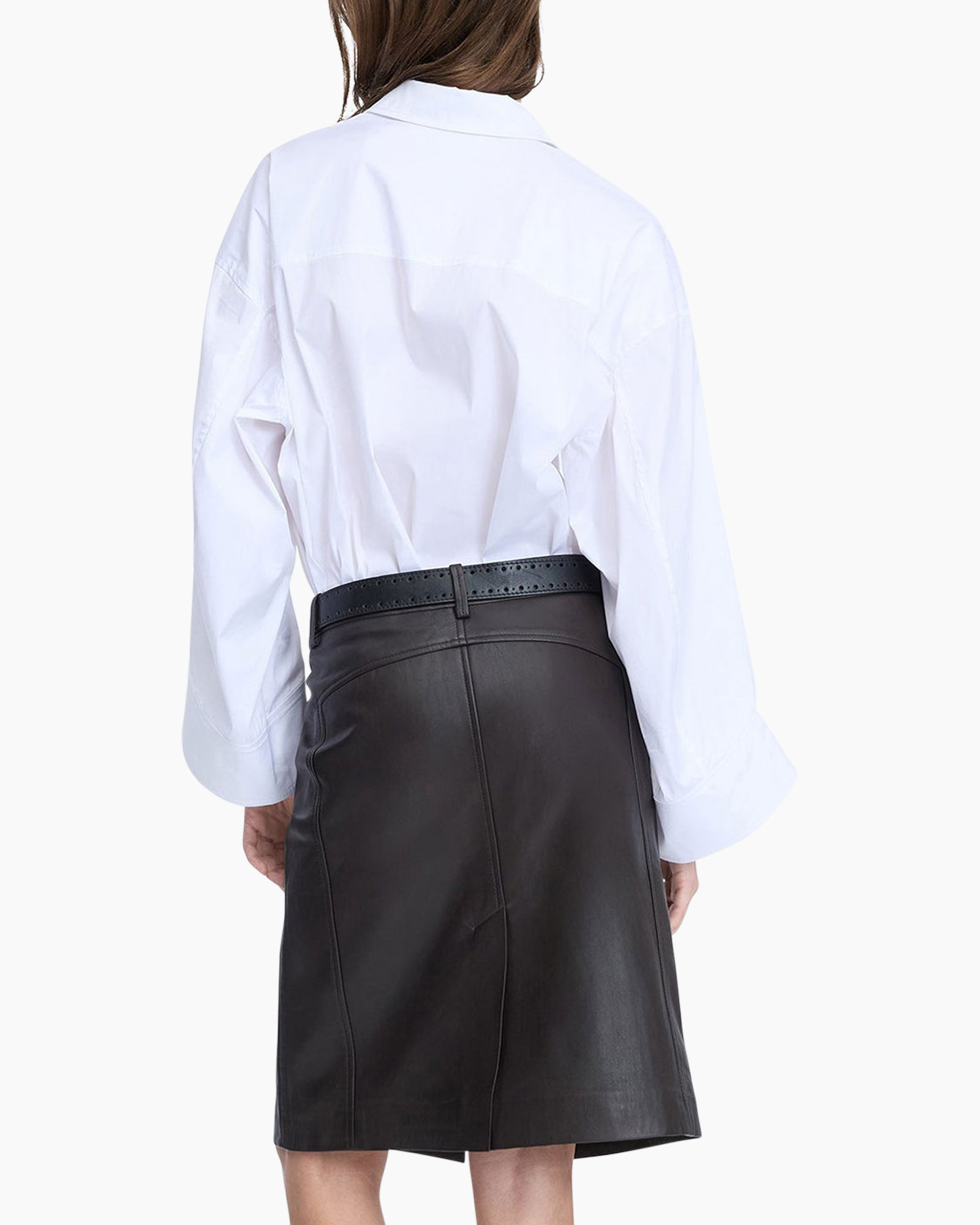 white shirt, embroidered placket, flared sleeves, black leather skirt, belted