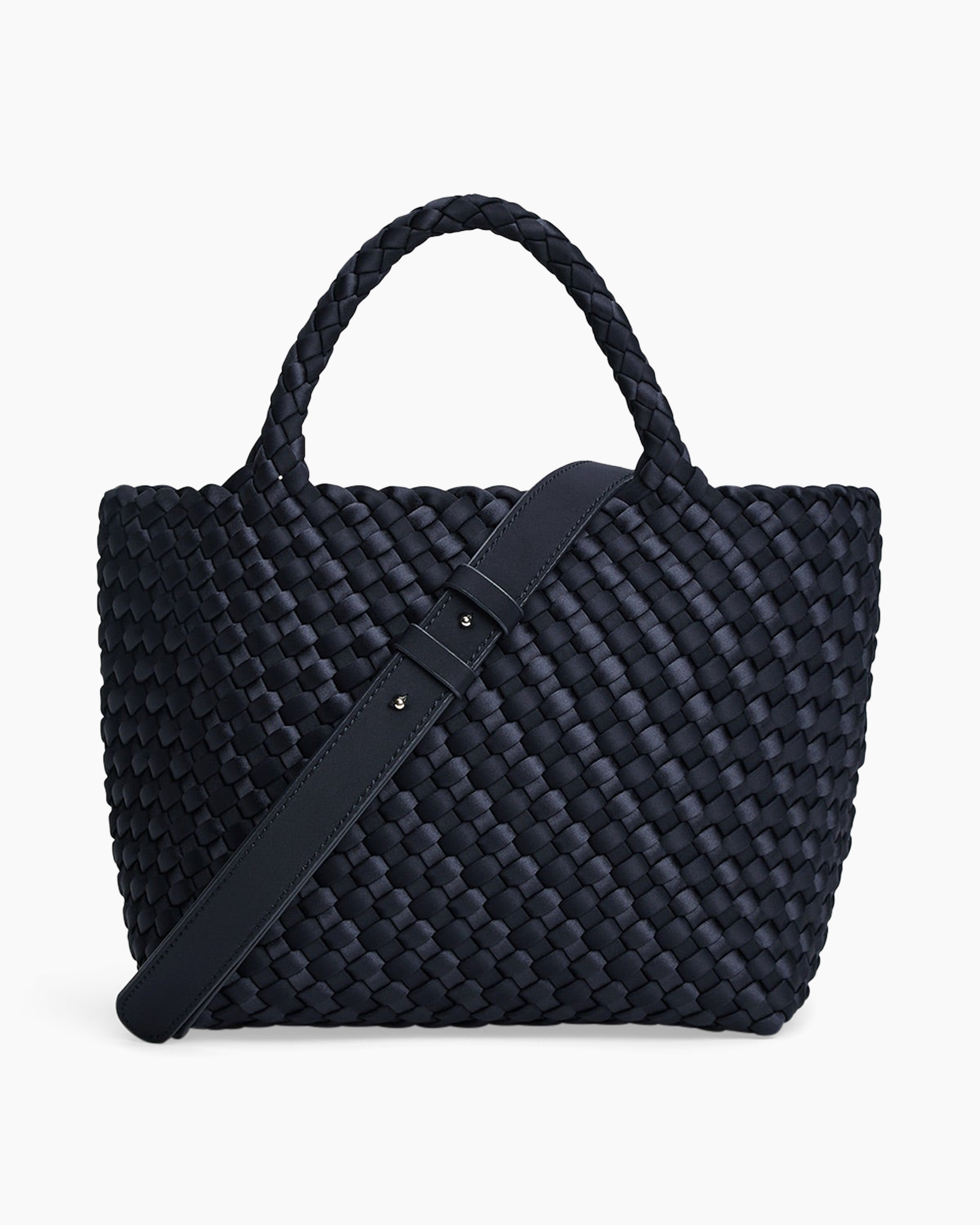 handbag, woven, navy, shoulder strap, top-handle