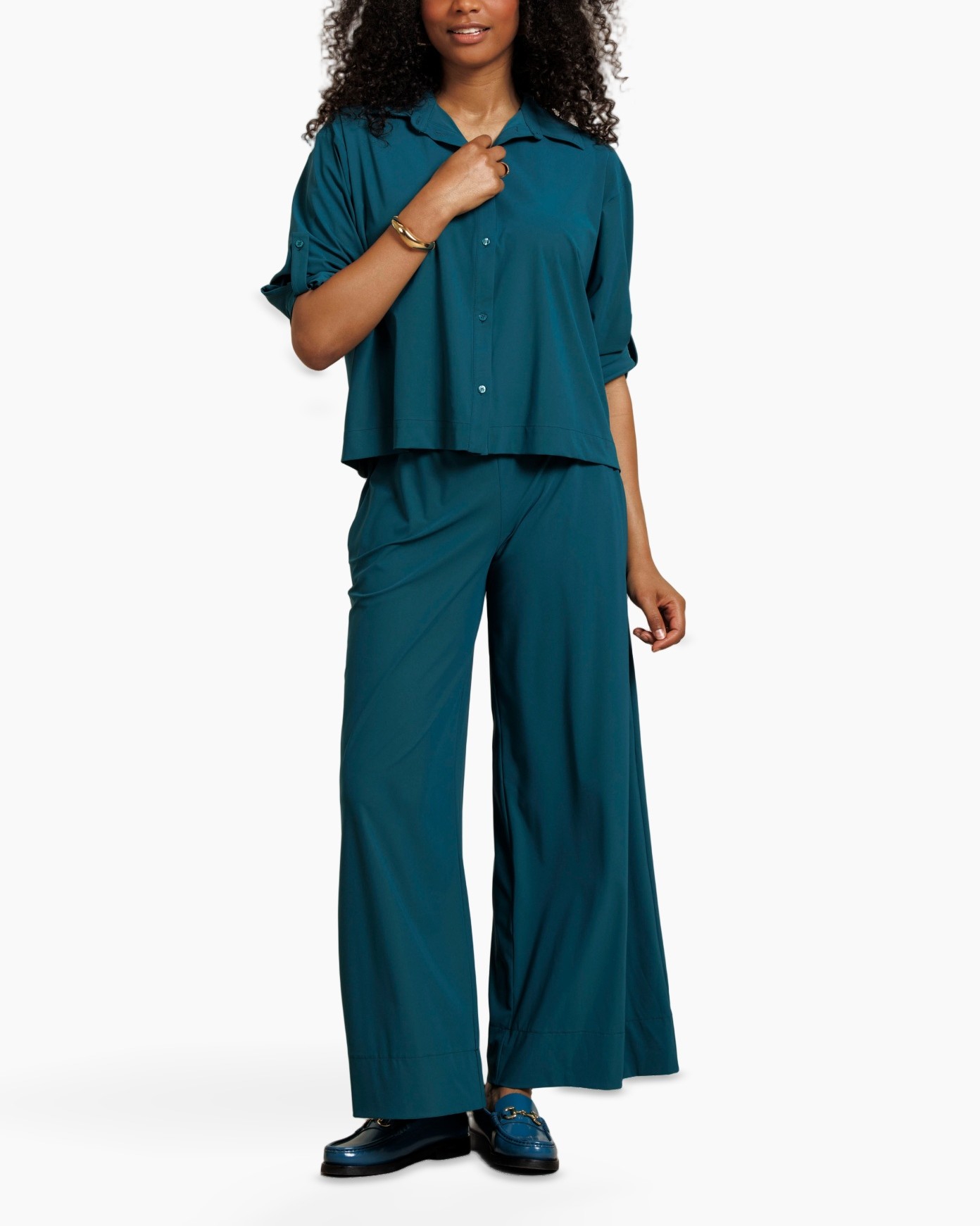 pants, wide-leg, teal, palazzo, drawstring