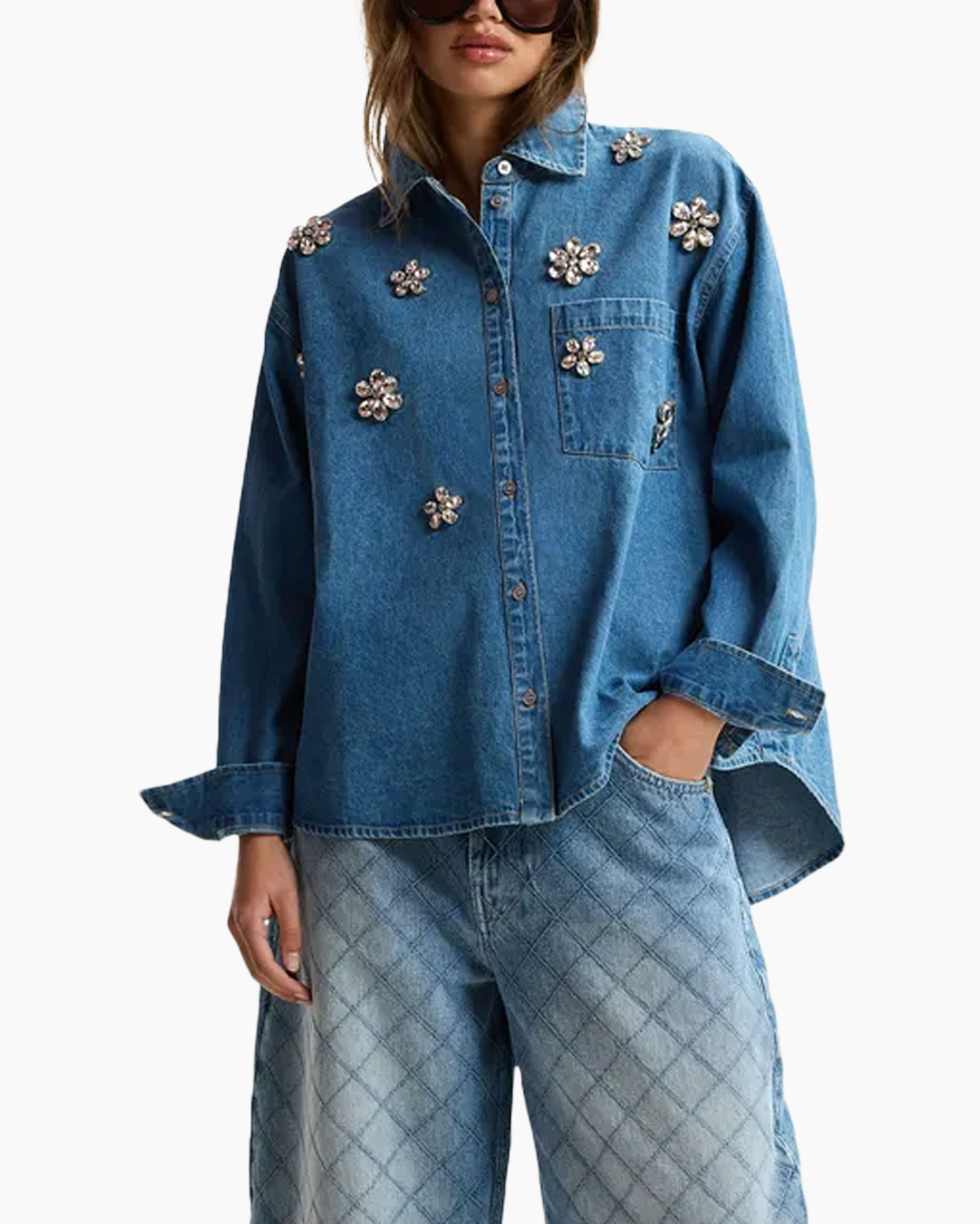 denim shirt, embellished, long sleeves, collared, pocket front