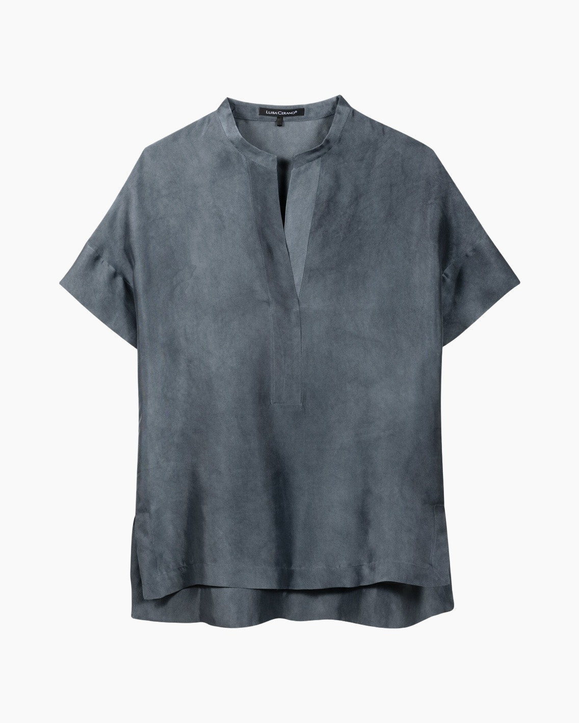 top, blouse, short sleeve, linen?, slate gray