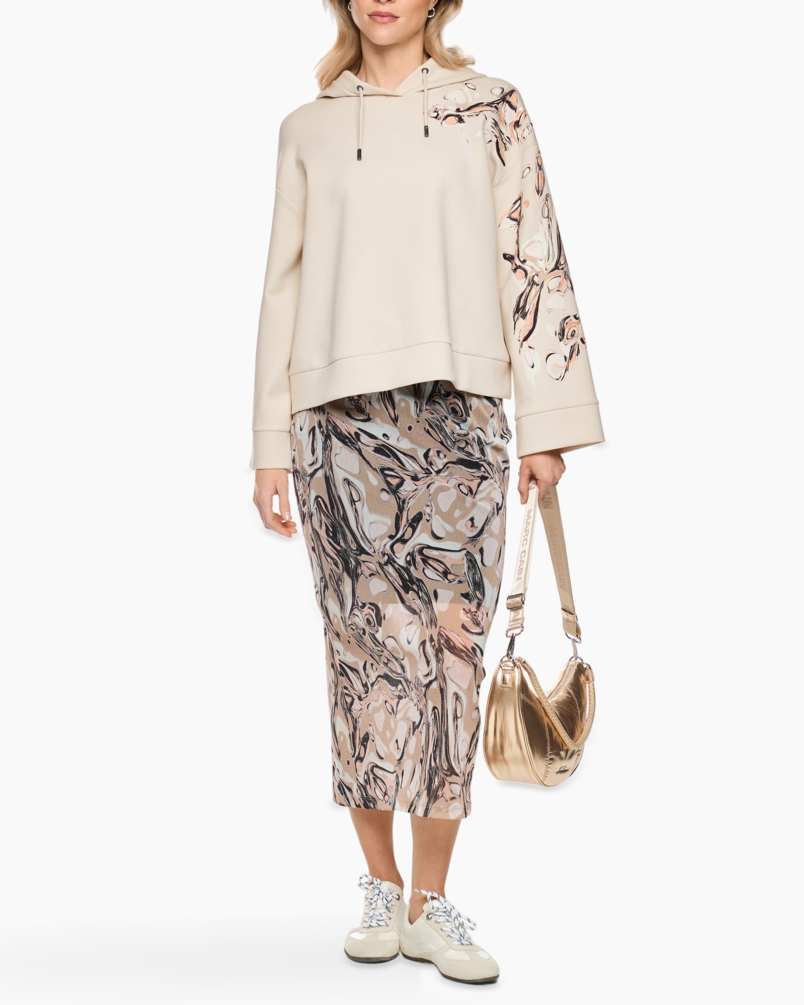 hoodie, beige, abstract-print, skirt, gold bag