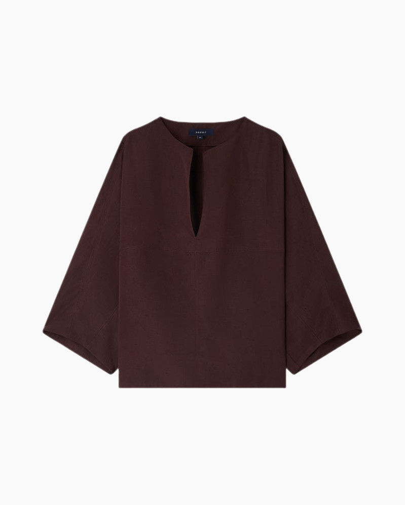 top, blouse, burgundy, short-sleeve, linen-like