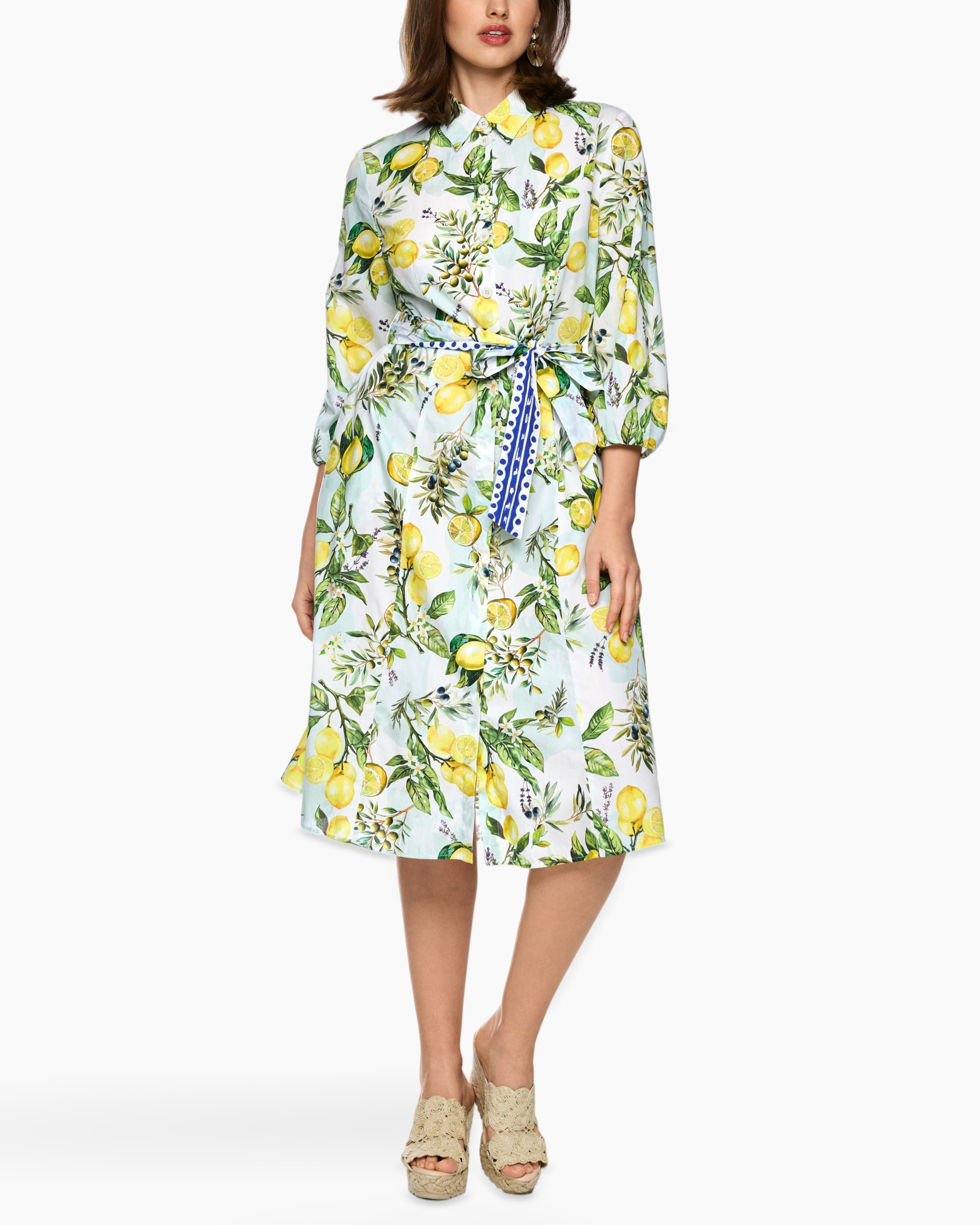 dress, mid-length, lemon print, belted, puff sleeve