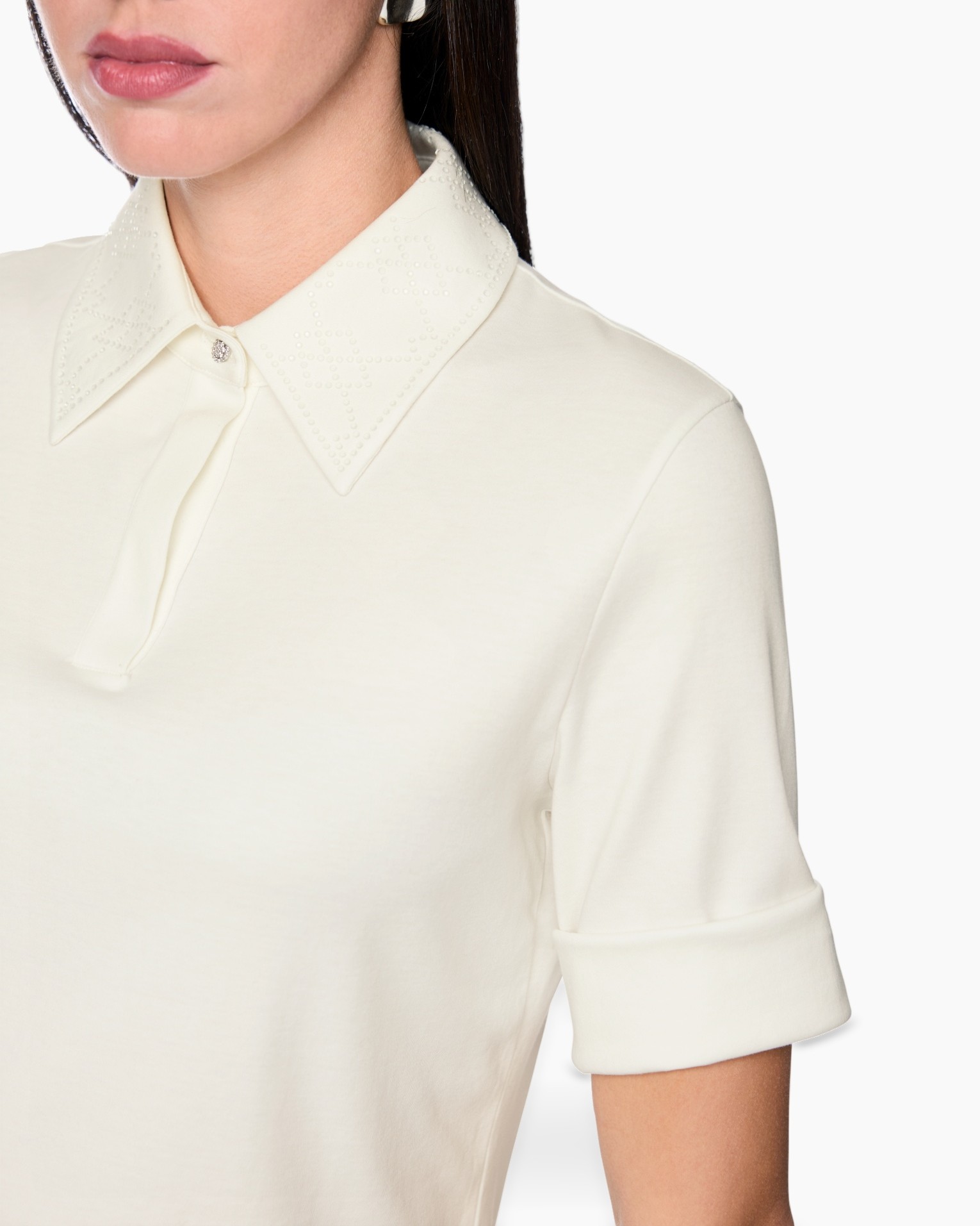 blouse, collar, polka-dot pattern, short sleeve, crepe/knit fabric