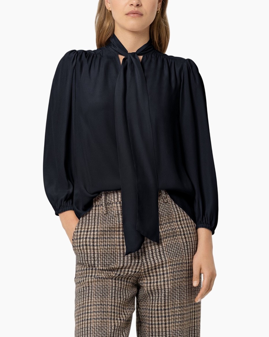 blouse, tie-neck, long-sleeve, puff-sleeve, navy