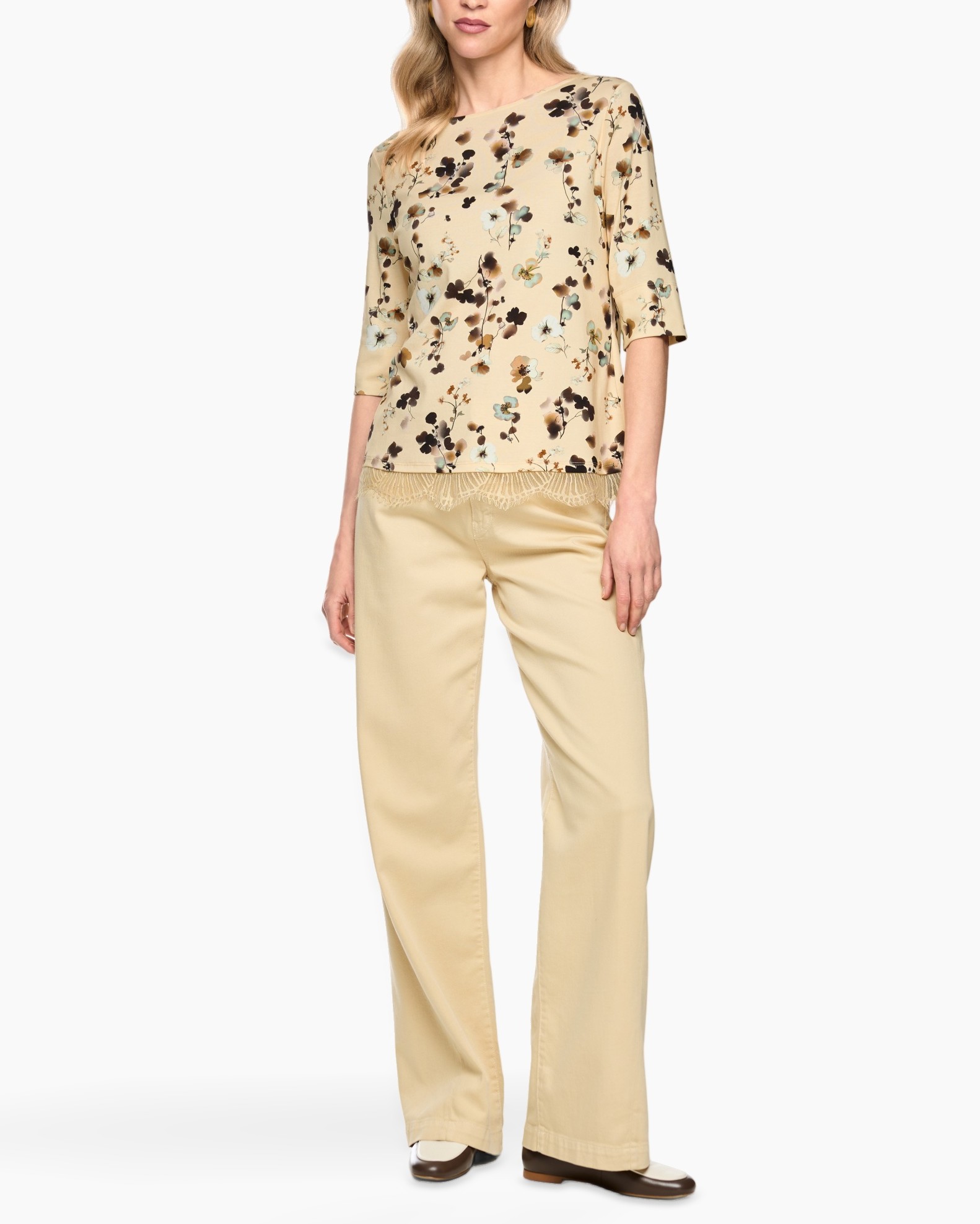beige top, floral print, three-quarter sleeves, lace hem, wide-leg pants