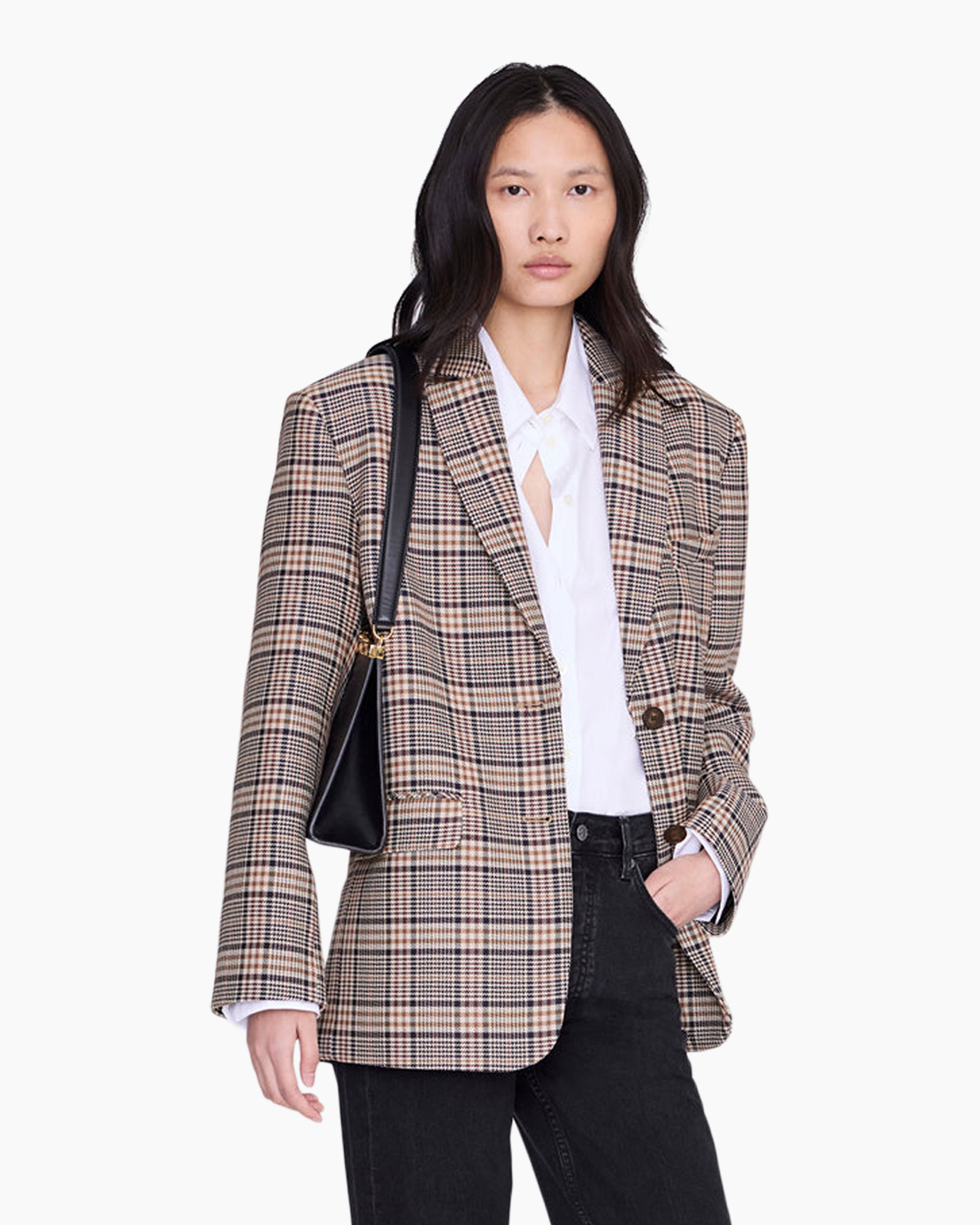 blazer, plaid, women, jacket, buttoned