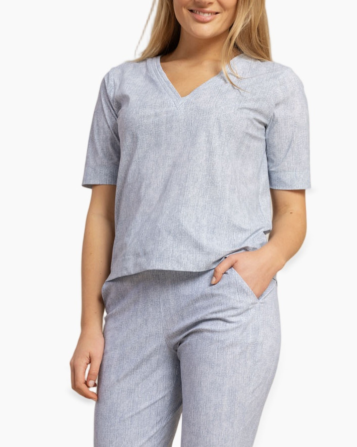 top, short-sleeve, v-neck, linen-look, pajama set