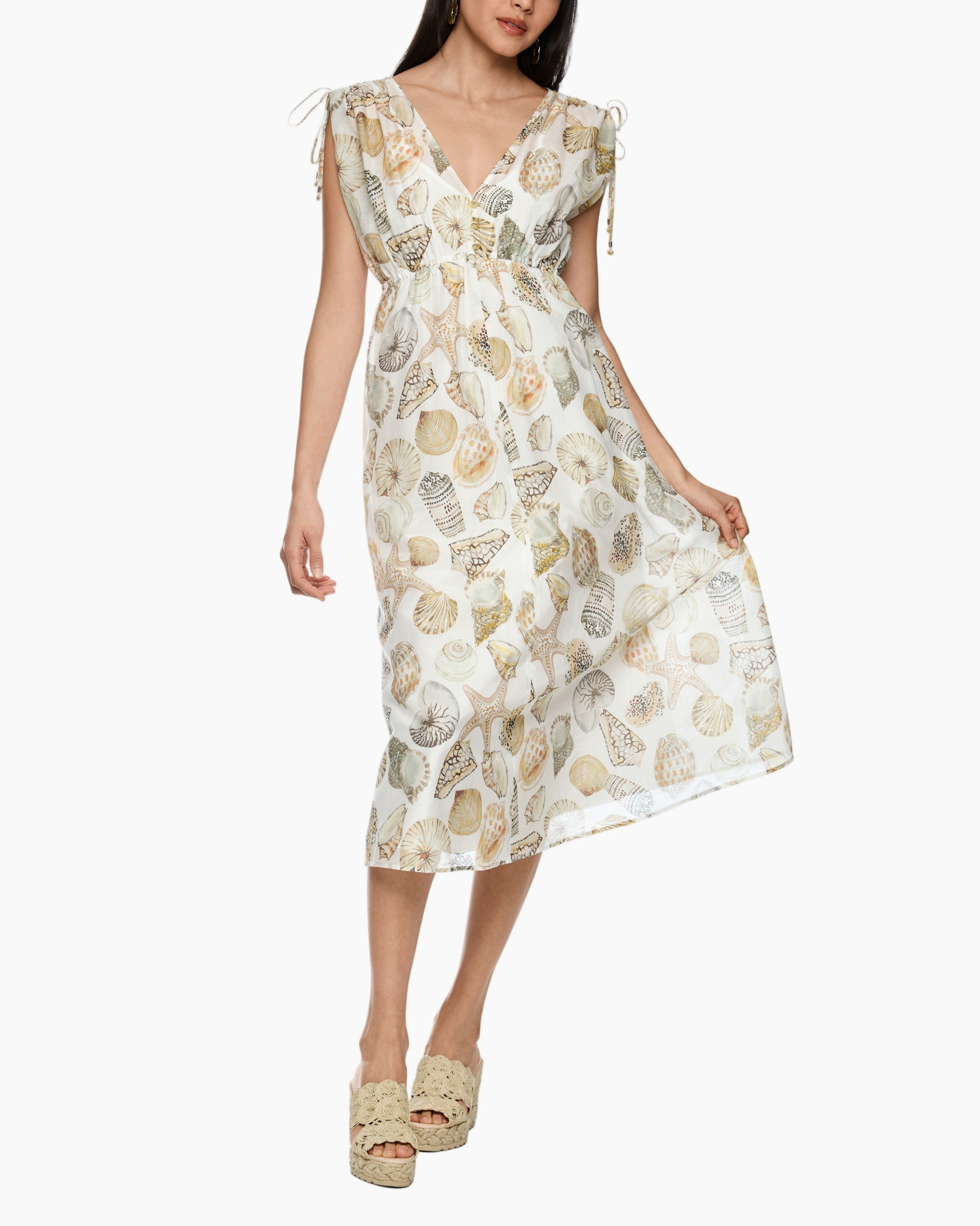dress, summer dress, shell print, mid-length, adjustable straps