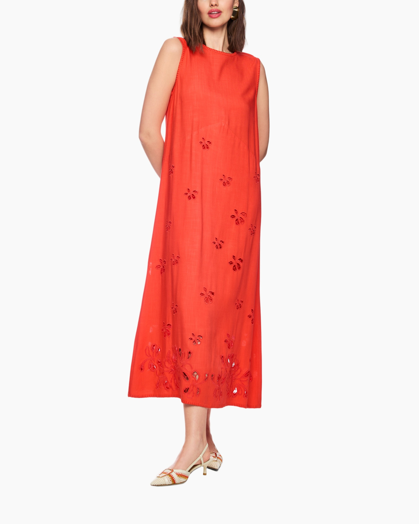 dress, maxi, orange, embroidery, sleeveless