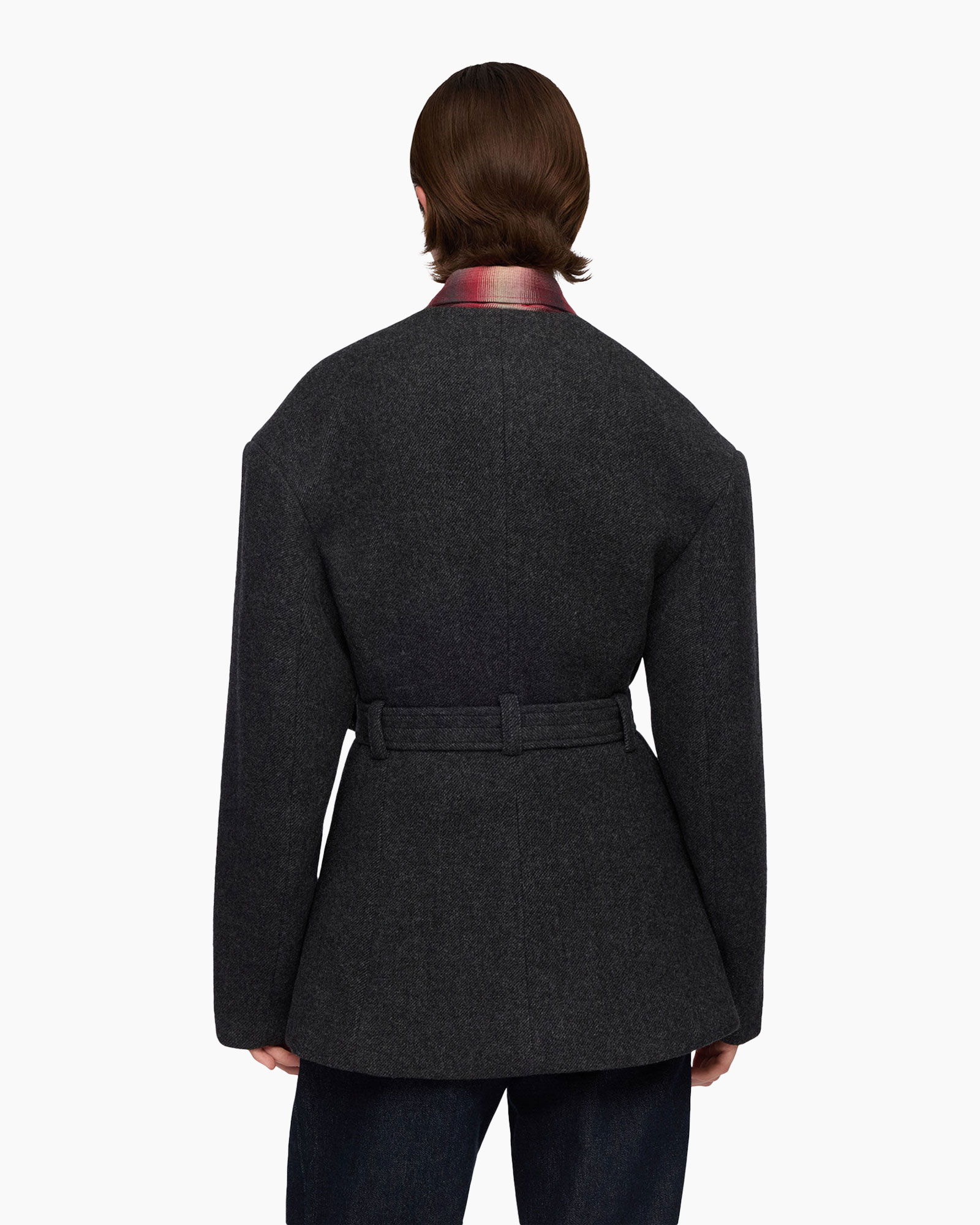 coat, belt, plaid shirt, dark gray, outerwear