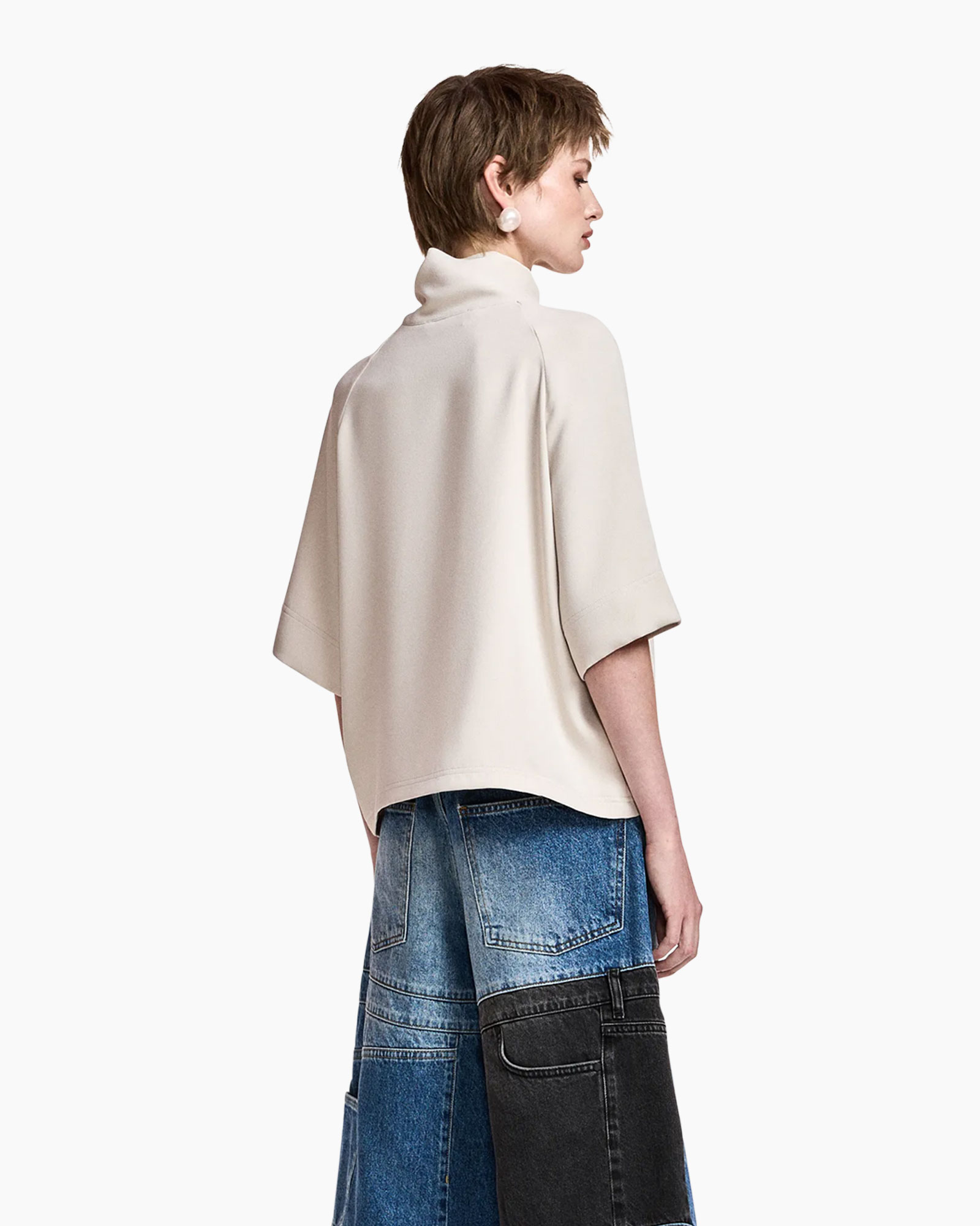 blouse, polo neck, short sleeves, beige, purse