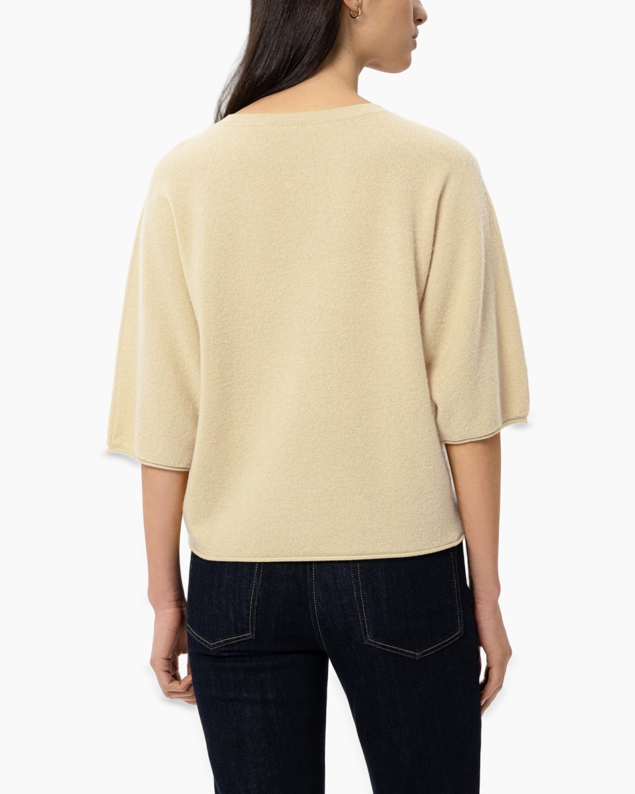 beige top, loose fit, 3/4 sleeve, knit fabric, back view