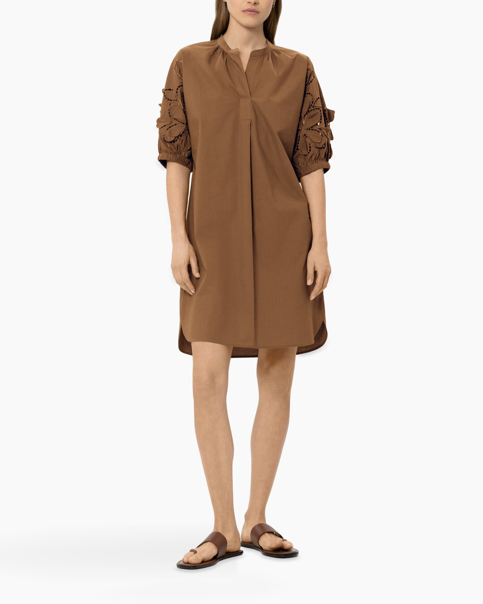 tunic, brown, linen look, tie neckline, embroidered sleeves