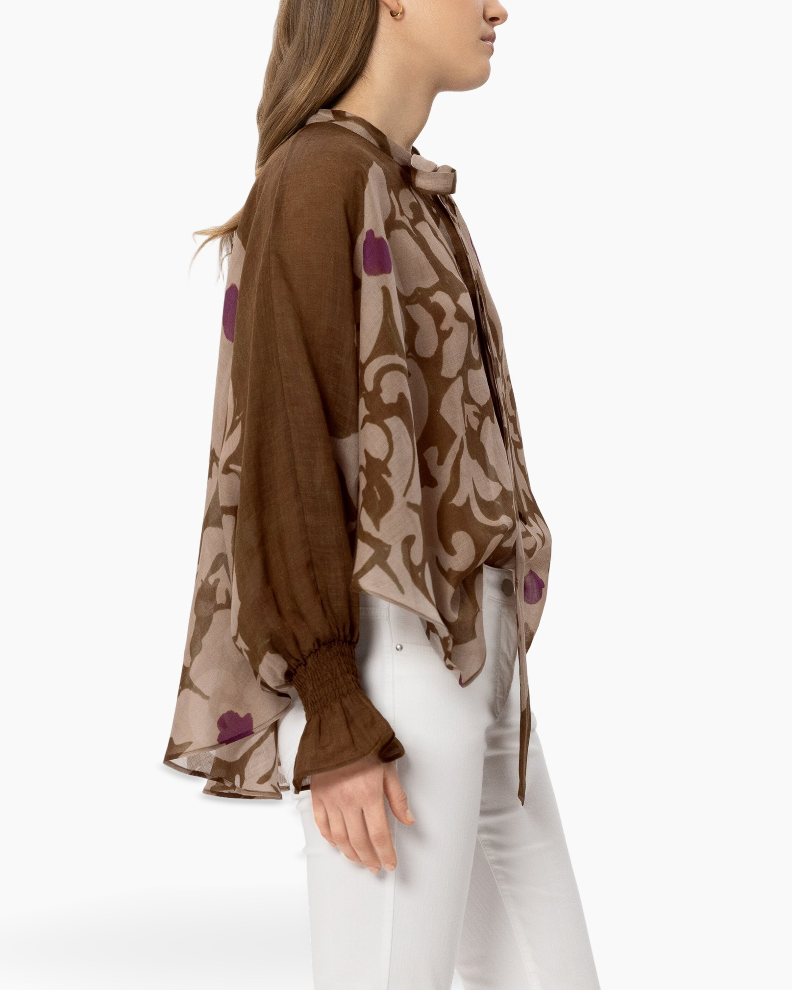blouse, sheer, floral pattern, brown, long sleeve
