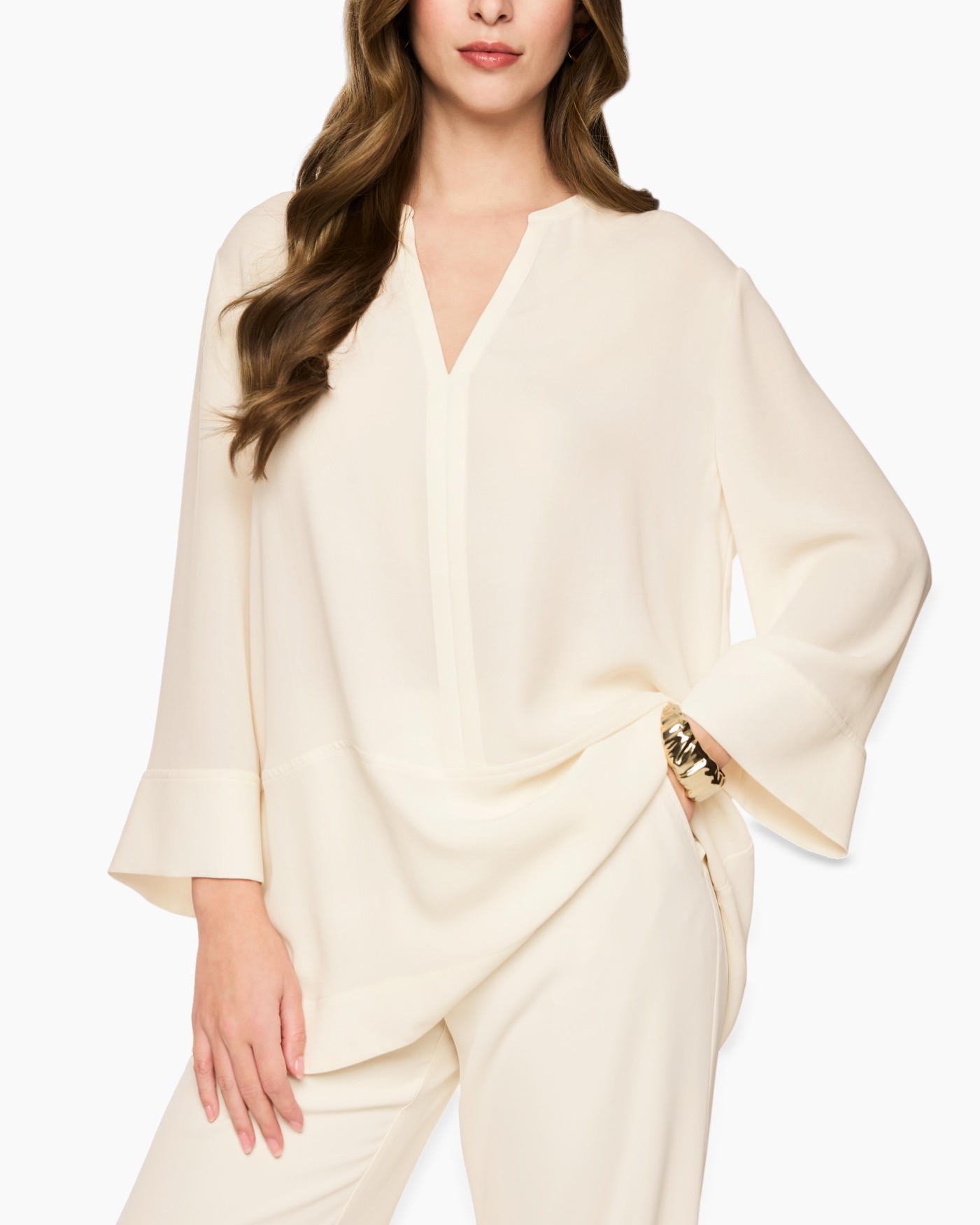 blouse, cream, long-sleeve, V-neck, soft fabric