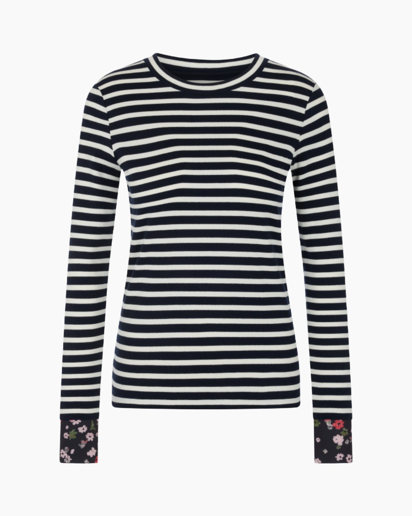 striped sweater, long sleeve, navy white, crew neck, pattern mix