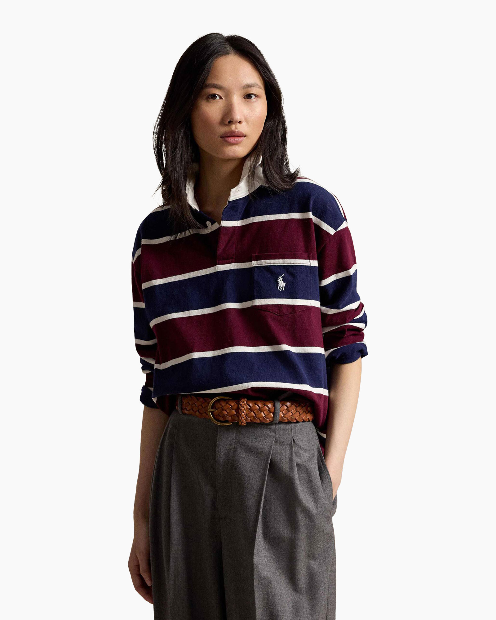 striped polo, long-sleeve polo, maroon navy stripes, polo shirt, pocket logo