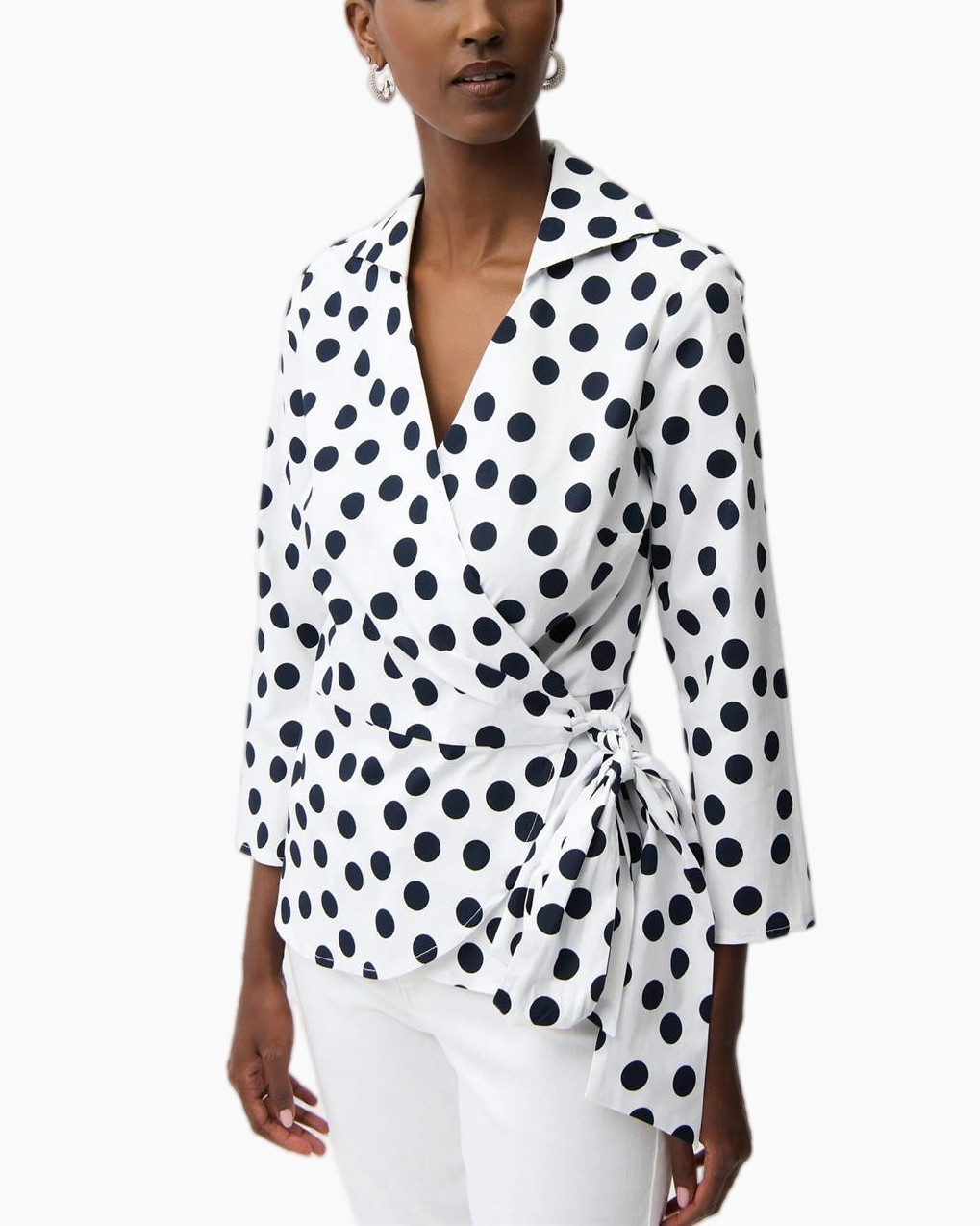 polka dot, wrap top, white top, long sleeve, blouse