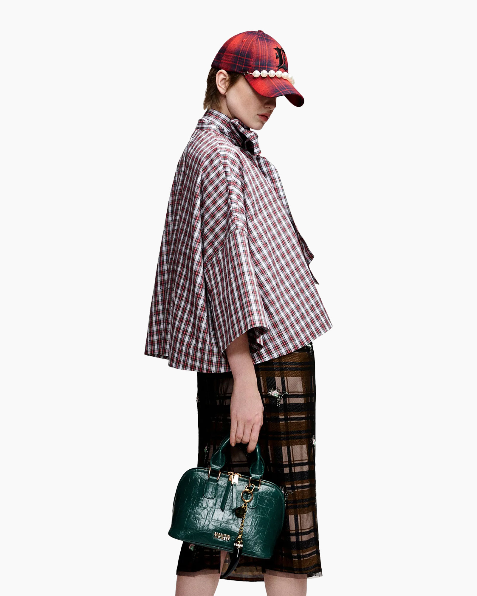 cap, plaid, cape, handbag, skirt