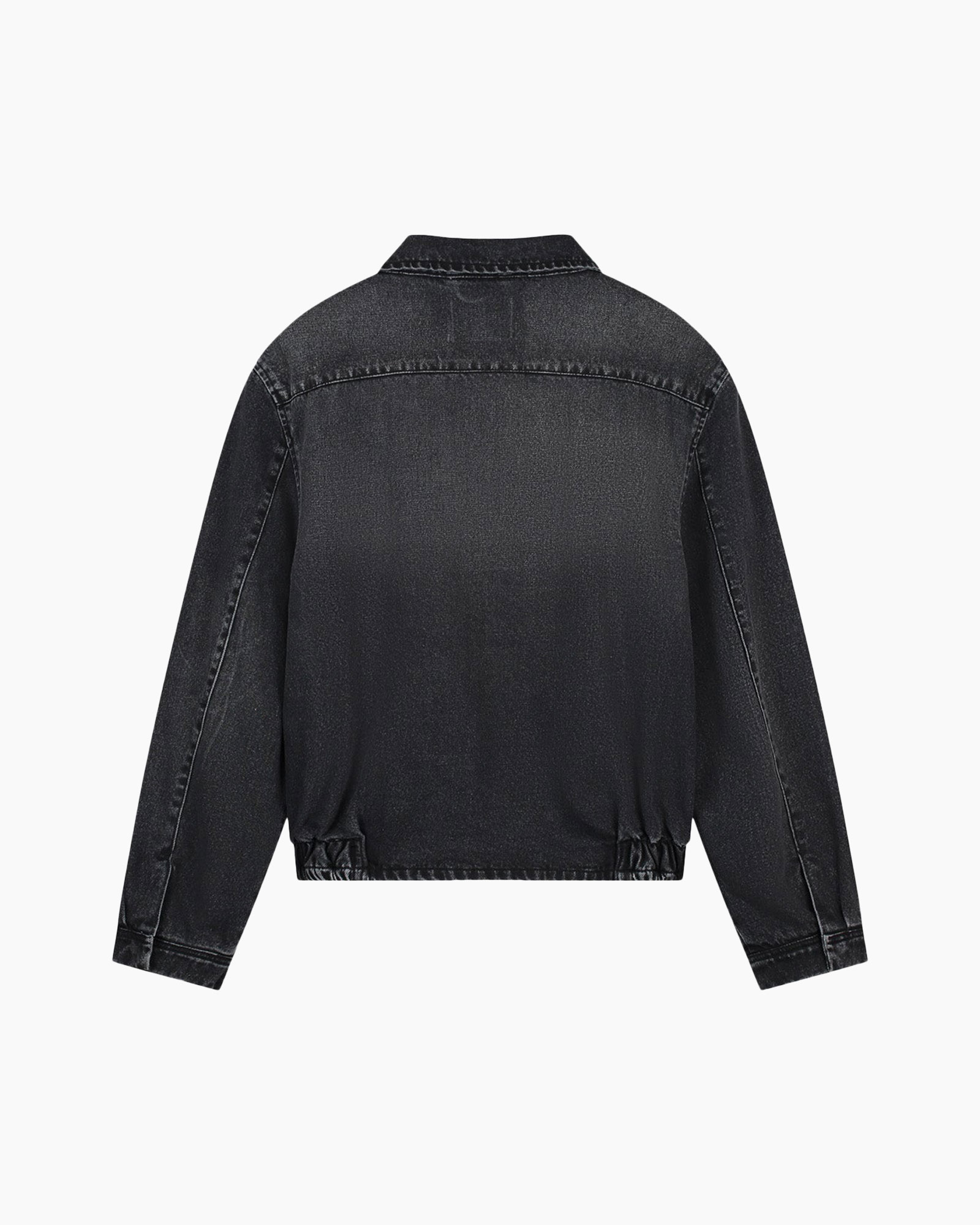 denim jacket, black, long sleeves, elastic hem, back view