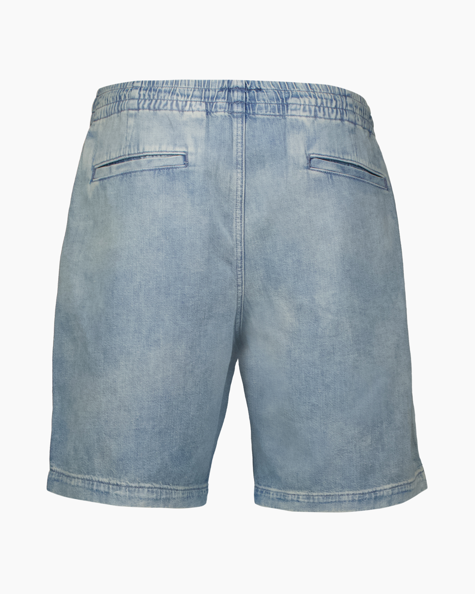 denim shorts, light wash, drawstring, elastic waist, pockets