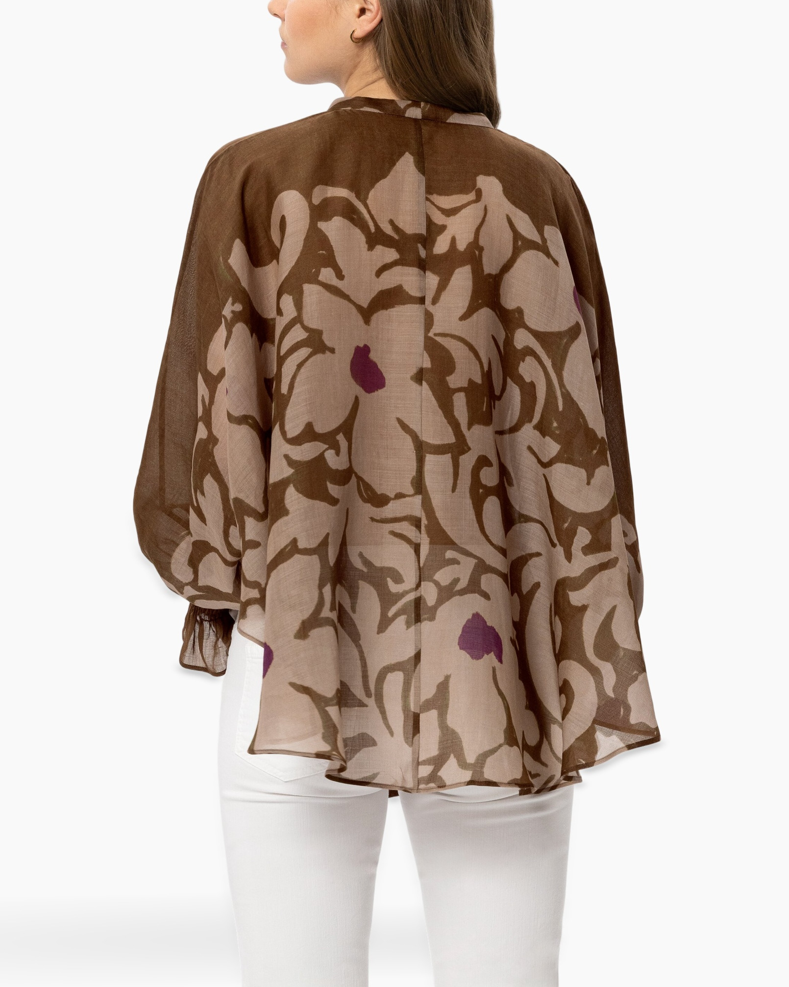 blouse, tie-neck, abstract-pattern, brown, sheer