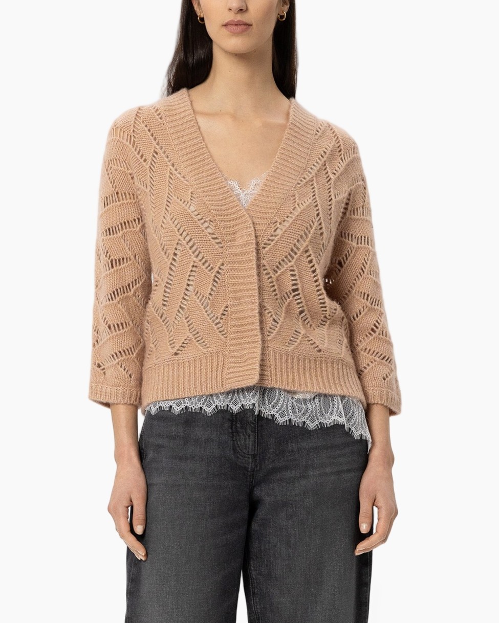 cardigan, knit, beige, vneck, lace hem