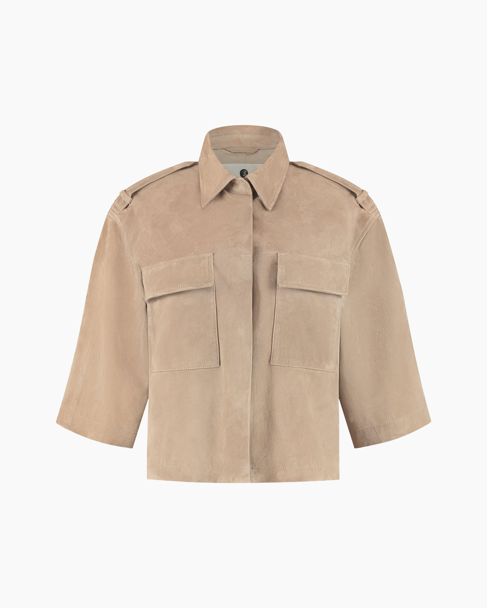 beige suede,  cropped jacket,  pockets,  half sleeve,  collared shirt