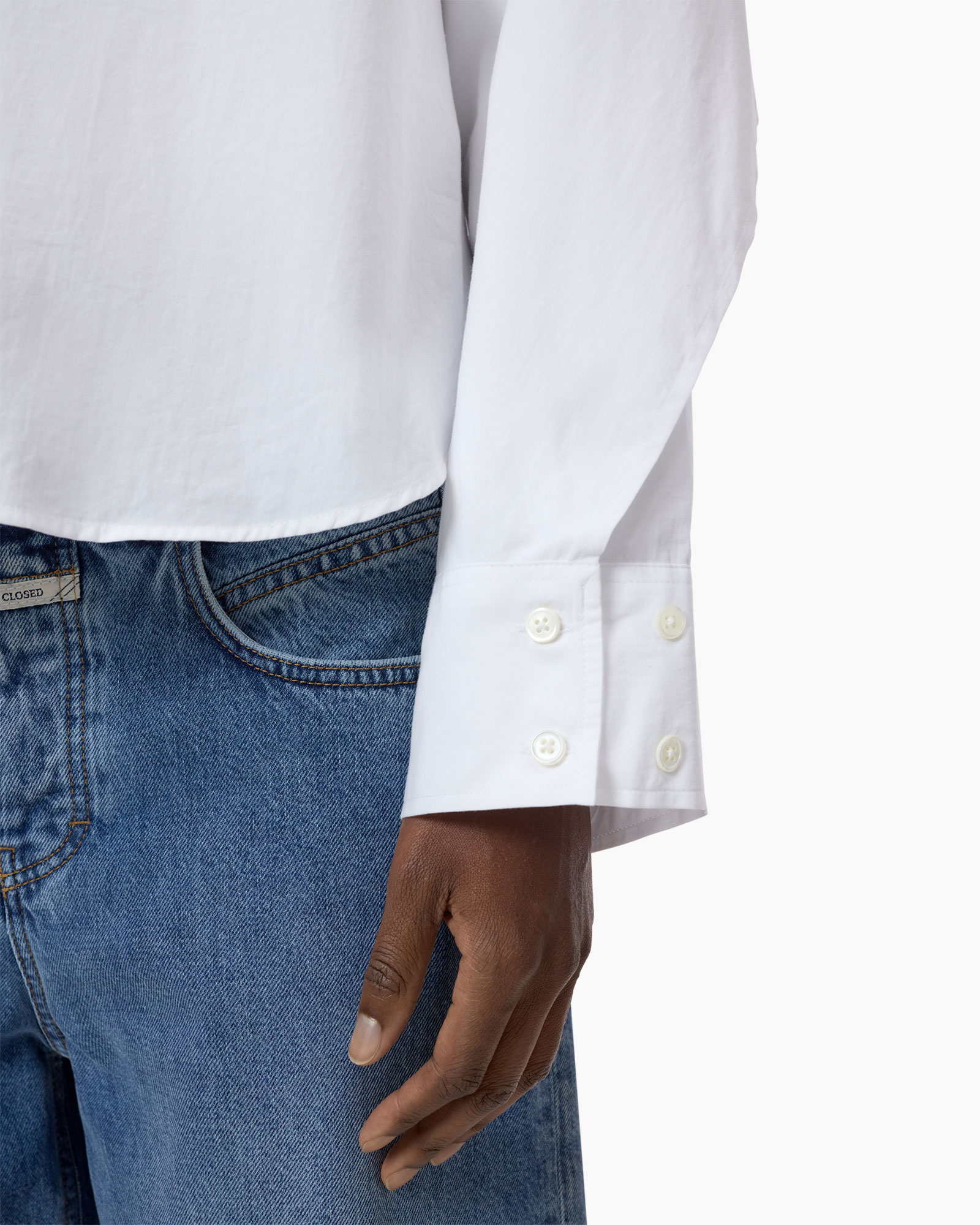 white shirt, buttoned cuff, long sleeve, cotton, jeans, but only up to 5