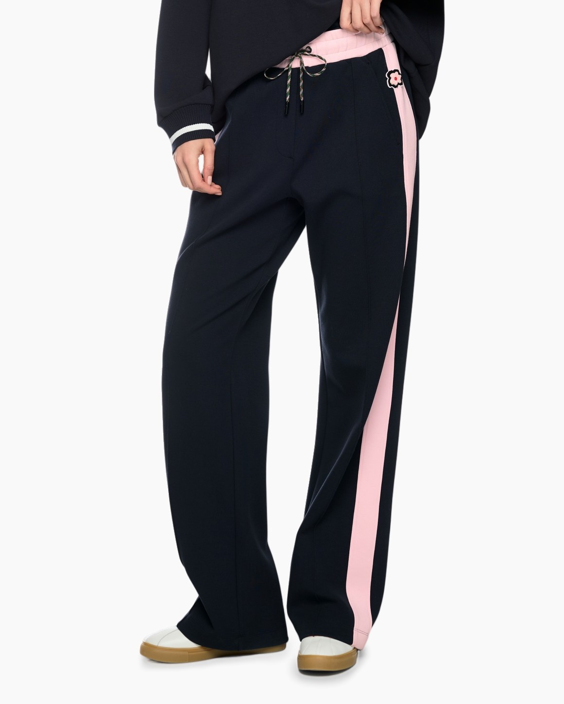 pants, track pants, navy, pink stripe, drawstring